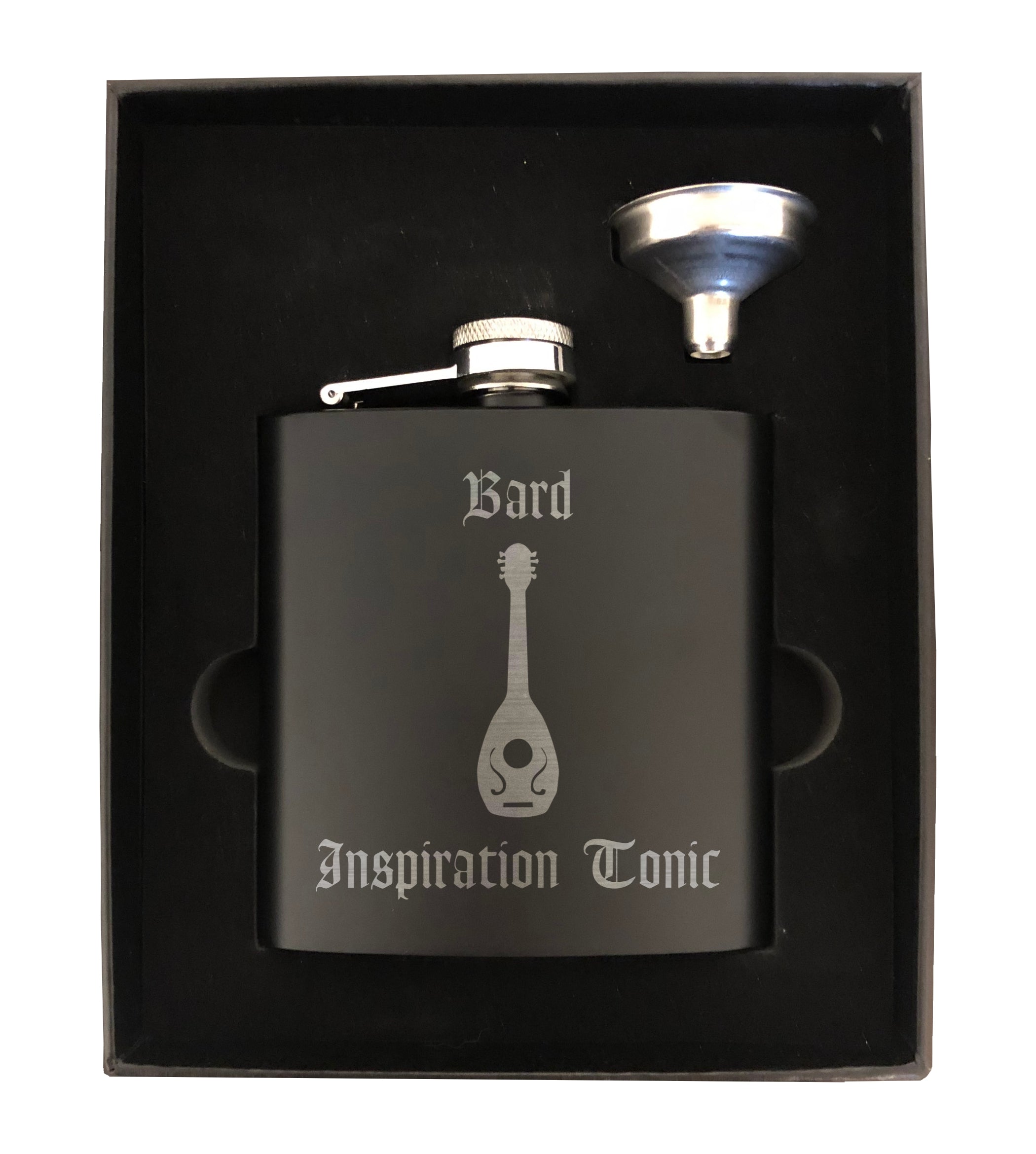 DND Gifts, Bard Inspiration Tonic Engraved 6 oz Stainless Steel Flask, Sets Available