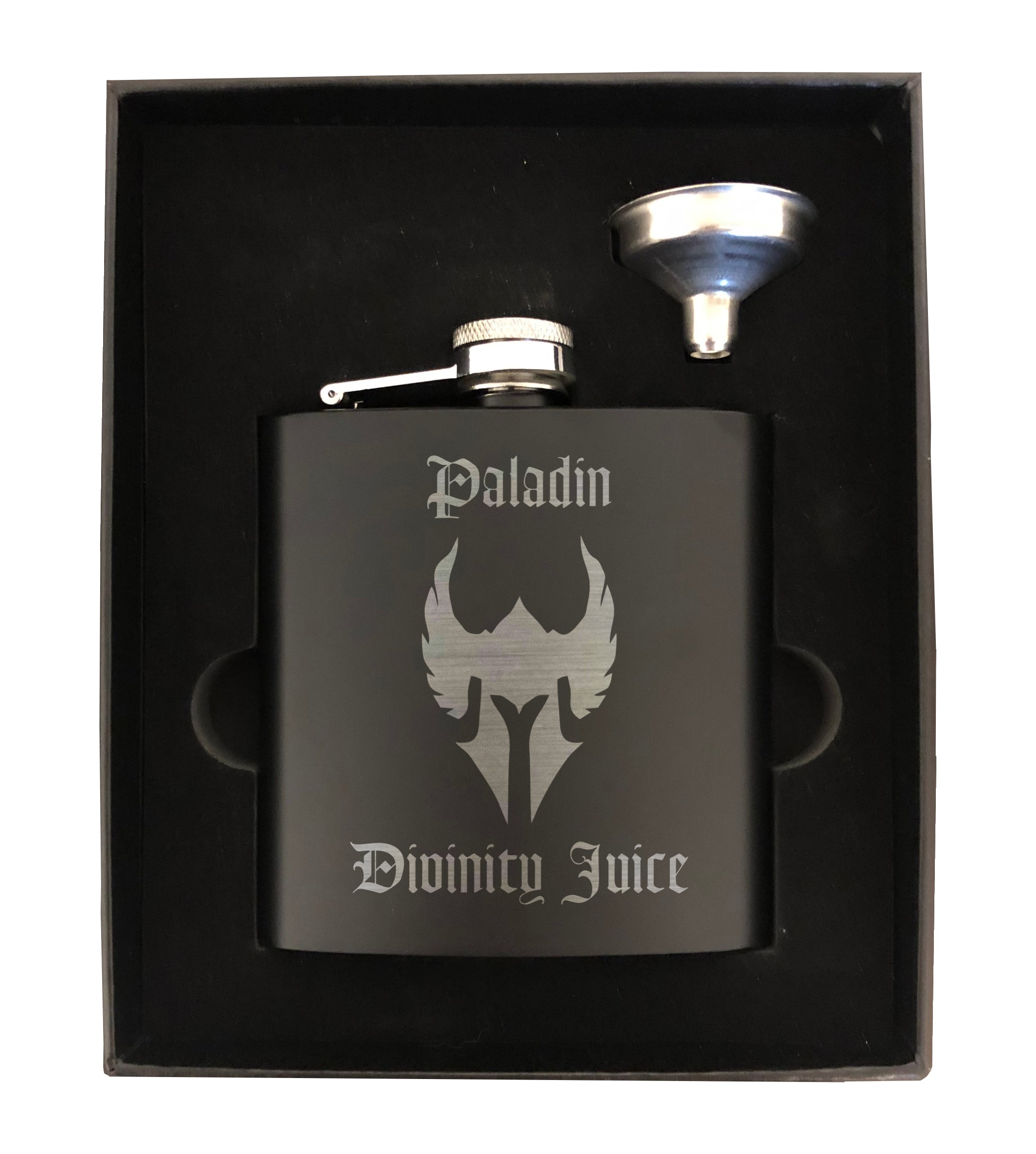DND Gifts, Paladin Divinity Juice Engraved 6 oz Stainless Steel Flask, Sets Available