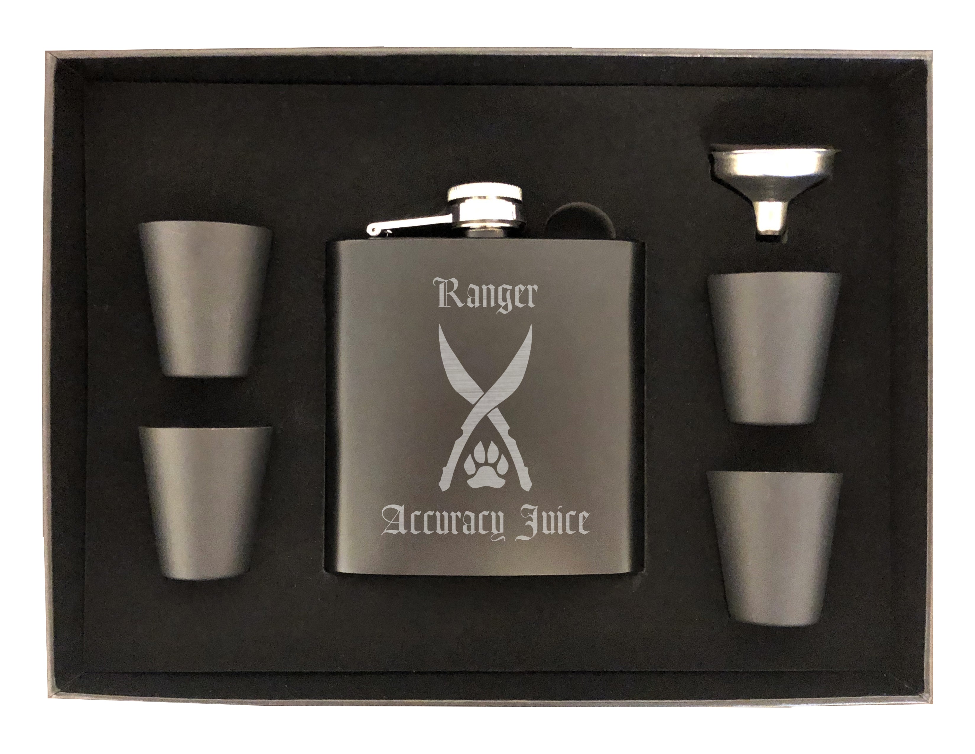 DND Gifts, Ranger Accuracy Juice Engraved 6 oz Stainless Steel Flask, Sets Available