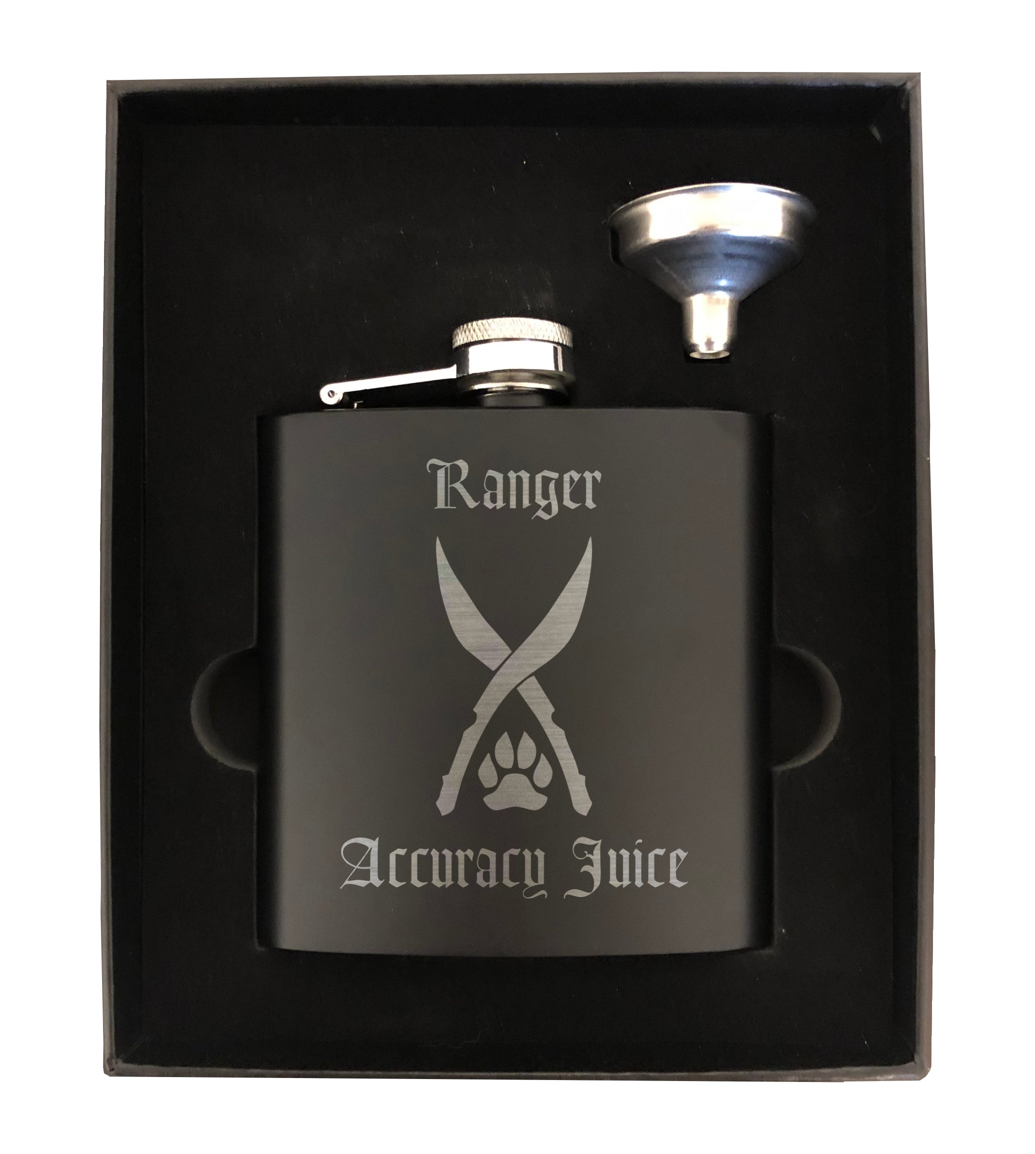 DND Gifts, Ranger Accuracy Juice Engraved 6 oz Stainless Steel Flask, Sets Available