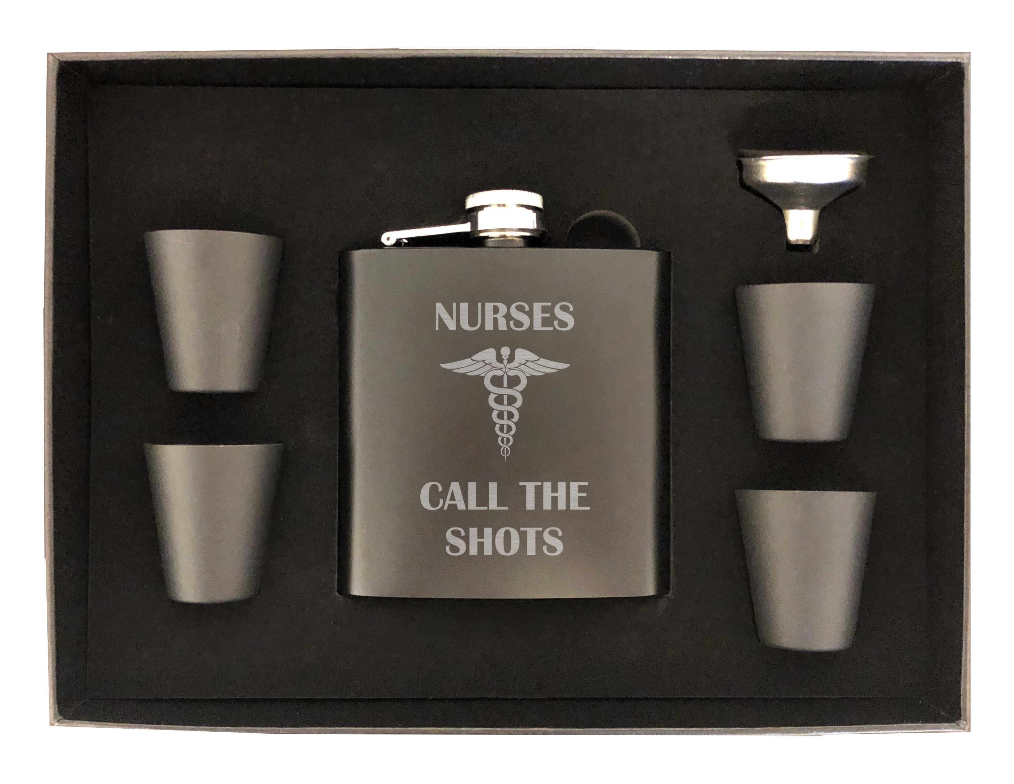 Nurses Call the Shots Engraved 6 oz Stainless Steel Flask, Sets Available, Funny Nurse Gifts