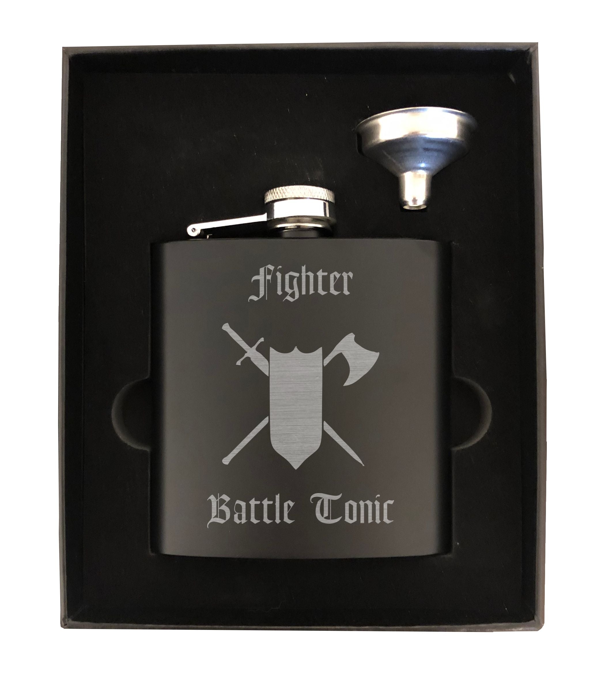 DND Gifts, Fighter Battle Tonic Engraved 6 oz Stainless Steel Flask, Sets Available