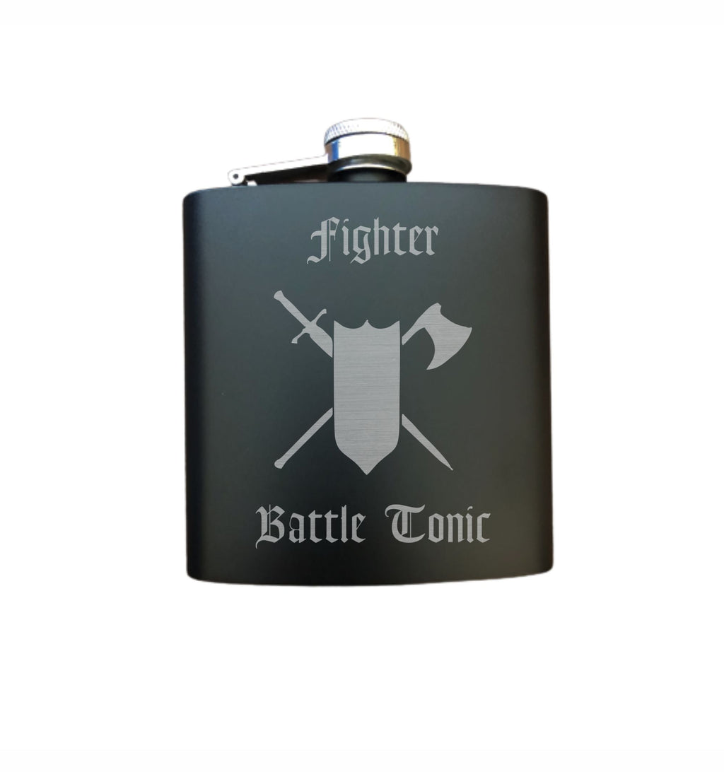 DND Gifts, Fighter Battle Tonic Engraved 6 oz Stainless Steel Flask, Sets Available