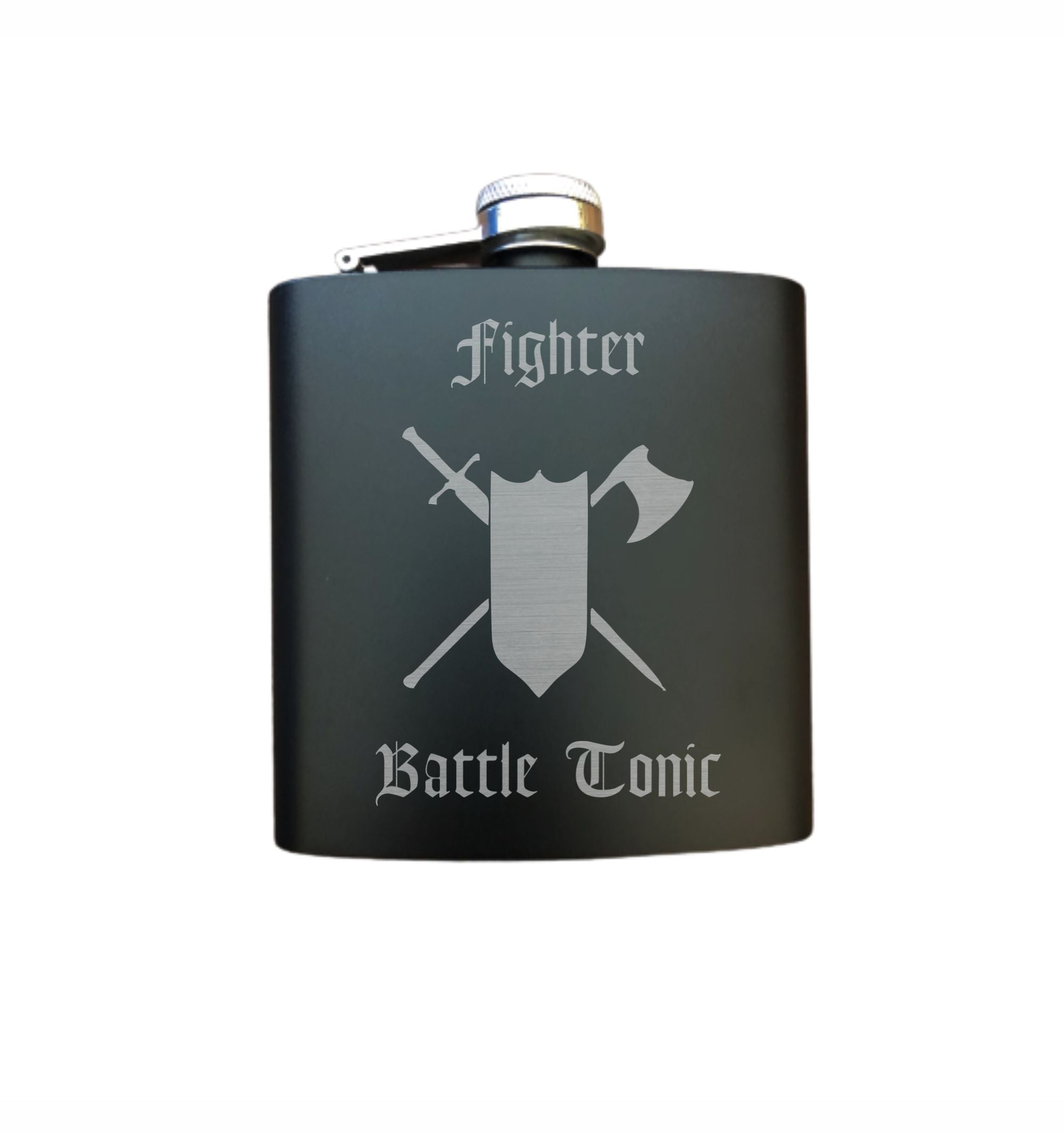 DND Gifts, Fighter Battle Tonic Engraved 6 oz Stainless Steel Flask, Sets Available