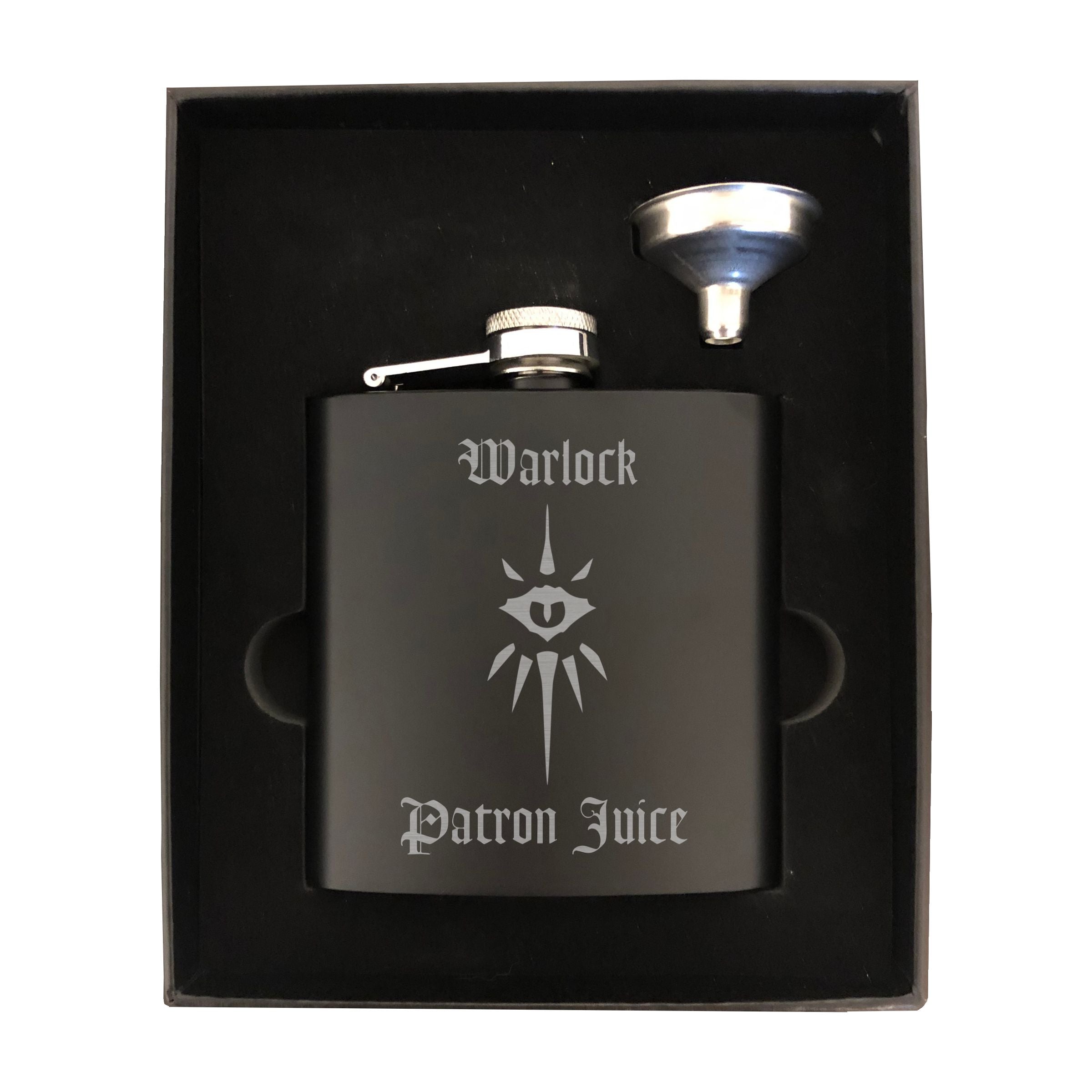 DND Gifts, Warlock Patron Juice Engraved 6 oz Stainless Steel Flask, Sets Available