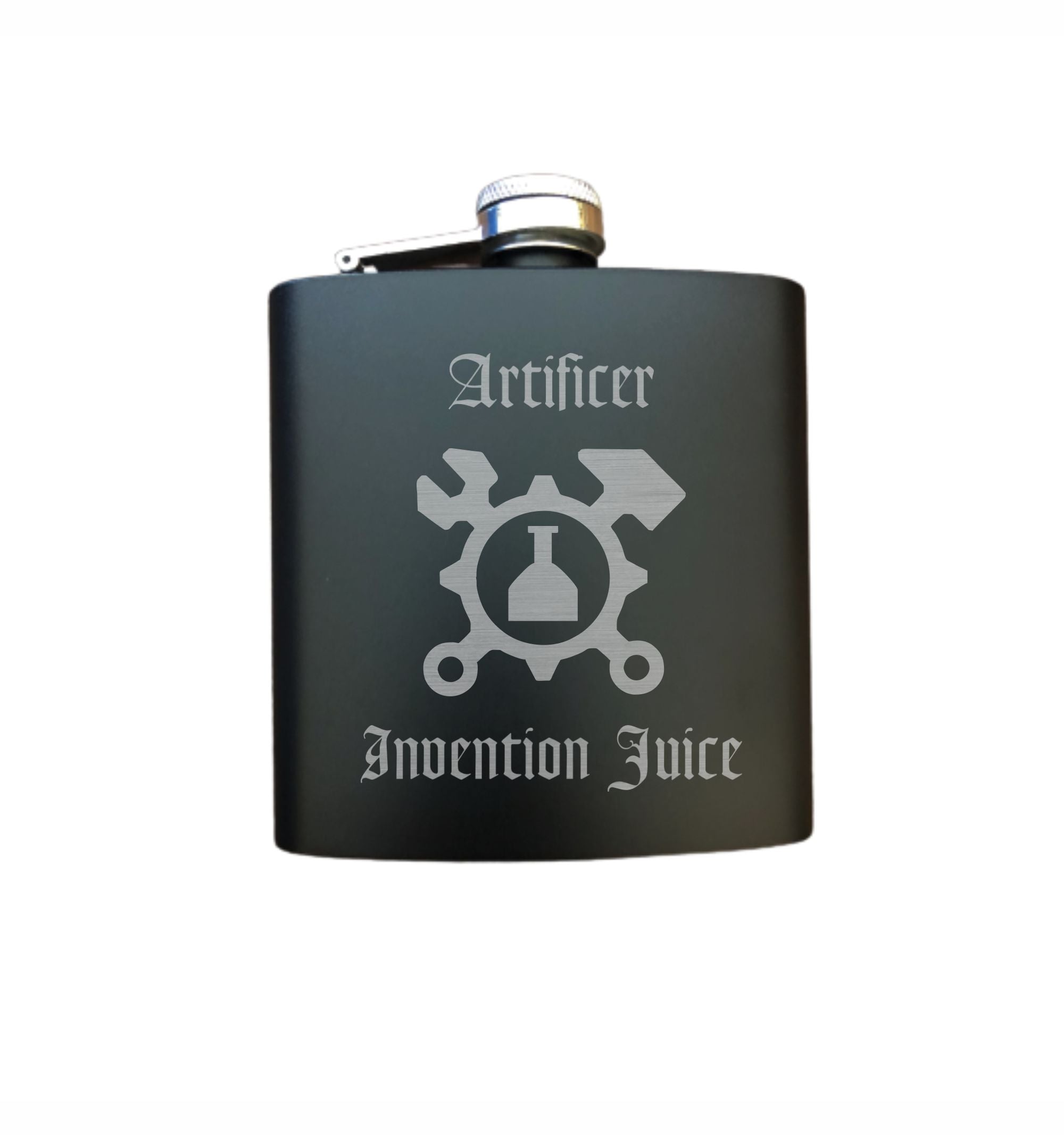 DND Gifts, Artificer Invention Juice Engraved 6 oz Stainless Steel Flask, Sets Available