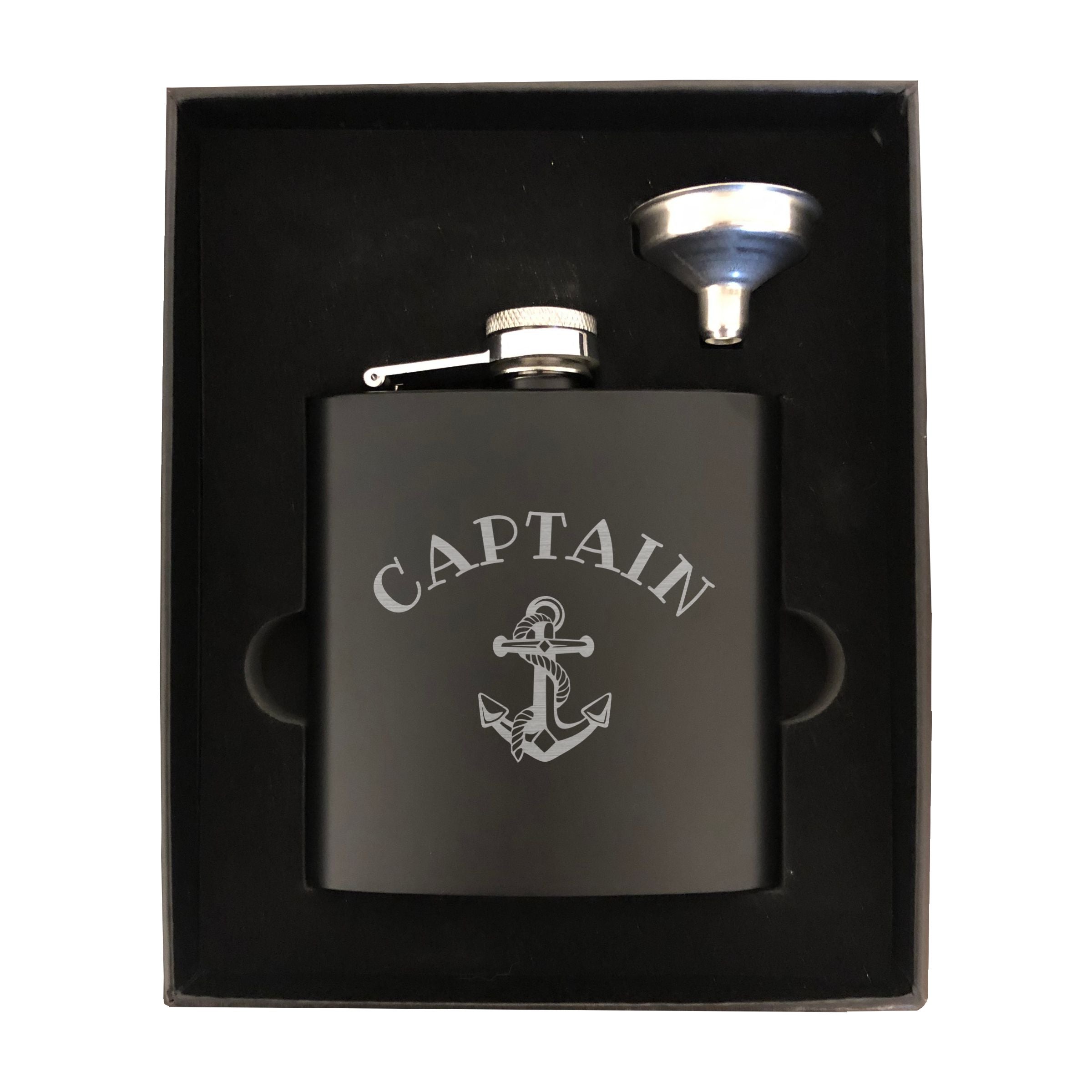 Captain with Nautical Anchor Engraved 6 oz Stainless Steel Flask, Sets Available