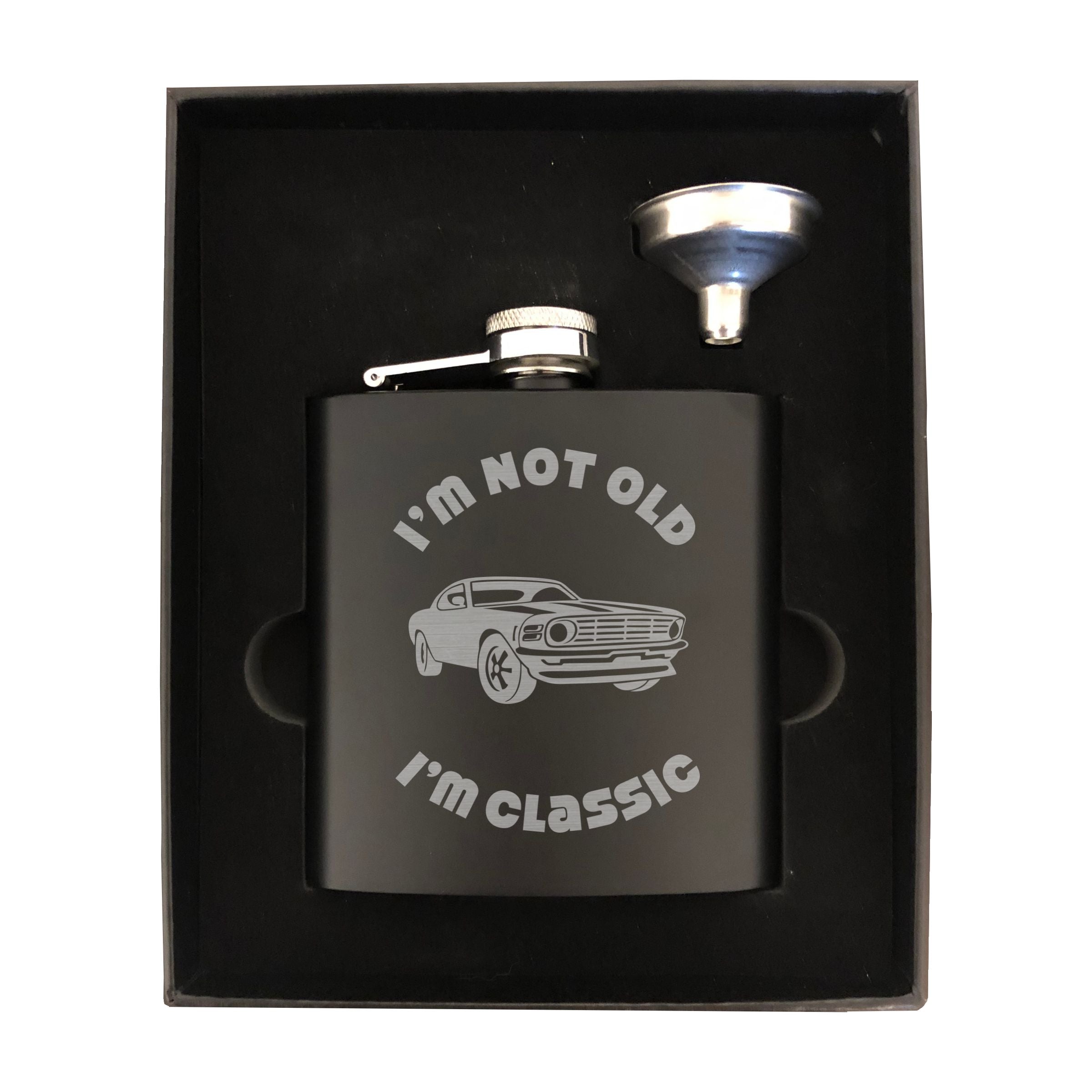 I'm Not Old I'm Classic with Muscle Car Engraved 6 oz Stainless Steel Flask, Sets Available, Birthday Gift