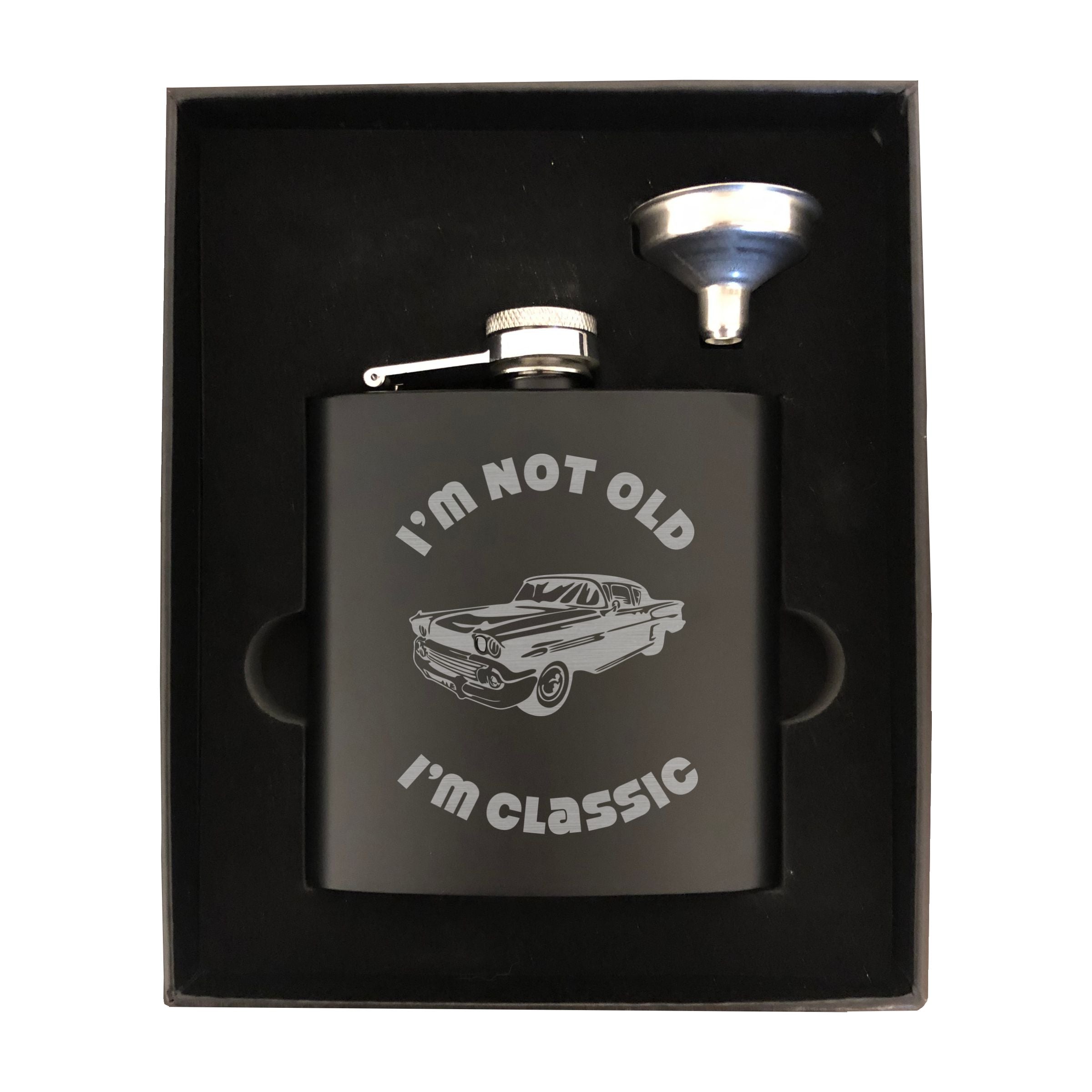 I'm Not Old I'm Classic with Vintage Car Engraved 6 oz Stainless Steel Flask, Sets Available, Birthday Gift