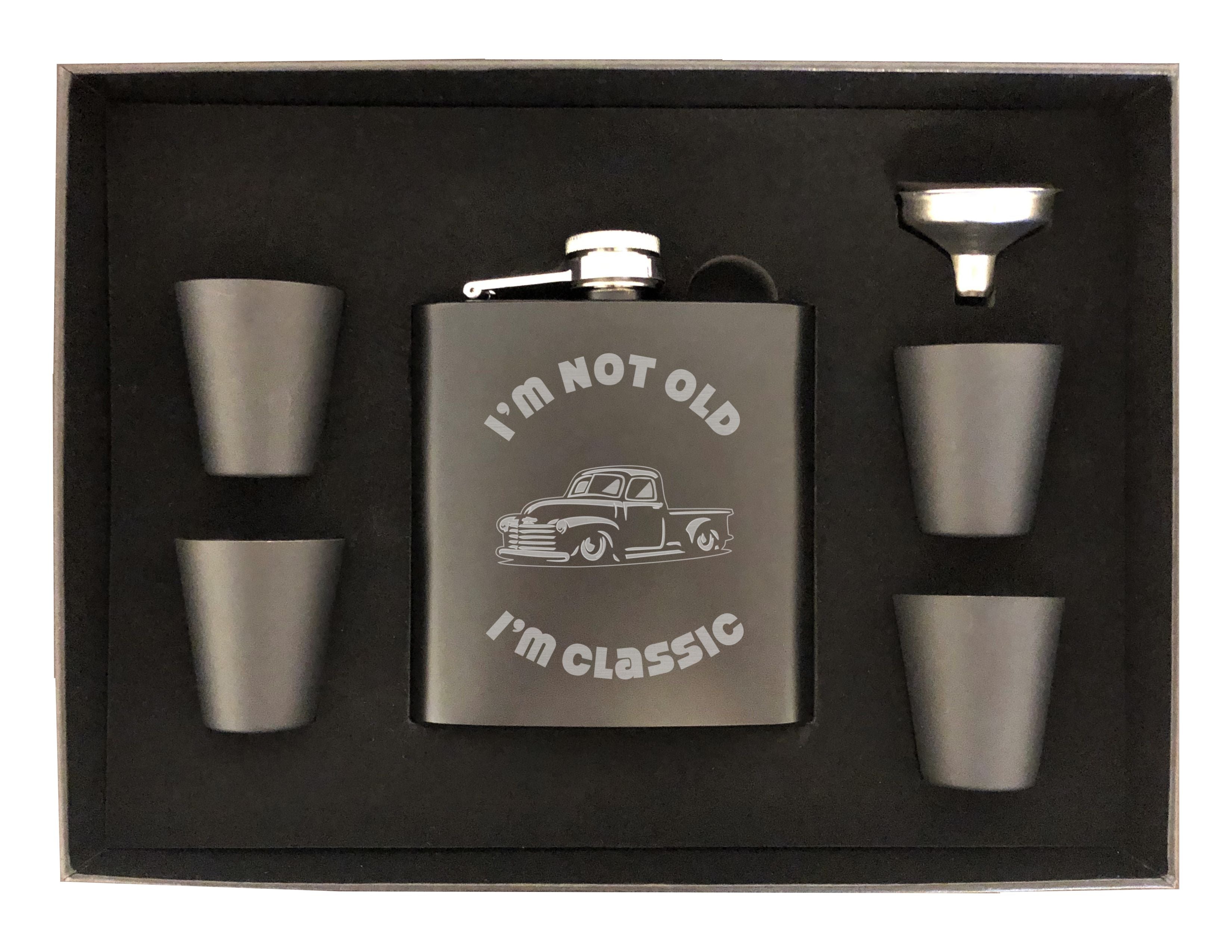 I'm Not Old I'm Classic with Vintage Truck Engraved 6 oz Stainless Steel Flask, Sets Available, Birthday Gift