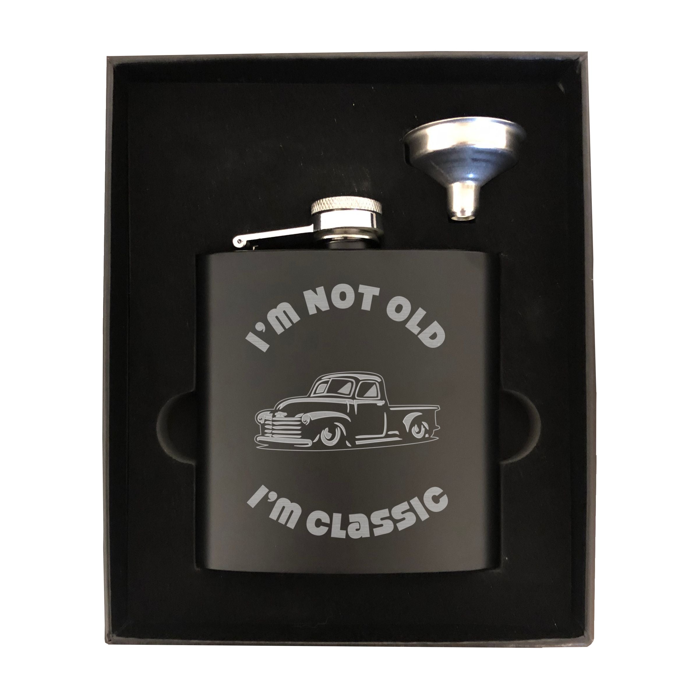 I'm Not Old I'm Classic with Vintage Truck Engraved 6 oz Stainless Steel Flask, Sets Available, Birthday Gift