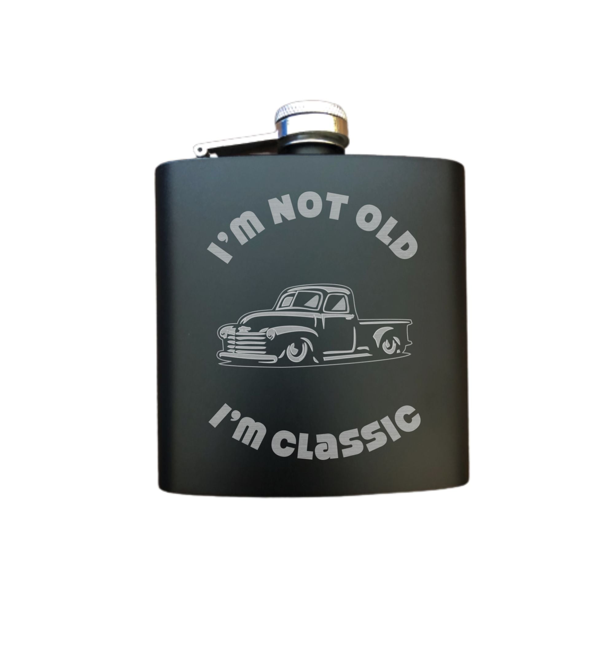 I'm Not Old I'm Classic with Vintage Truck Engraved 6 oz Stainless Steel Flask, Sets Available, Birthday Gift
