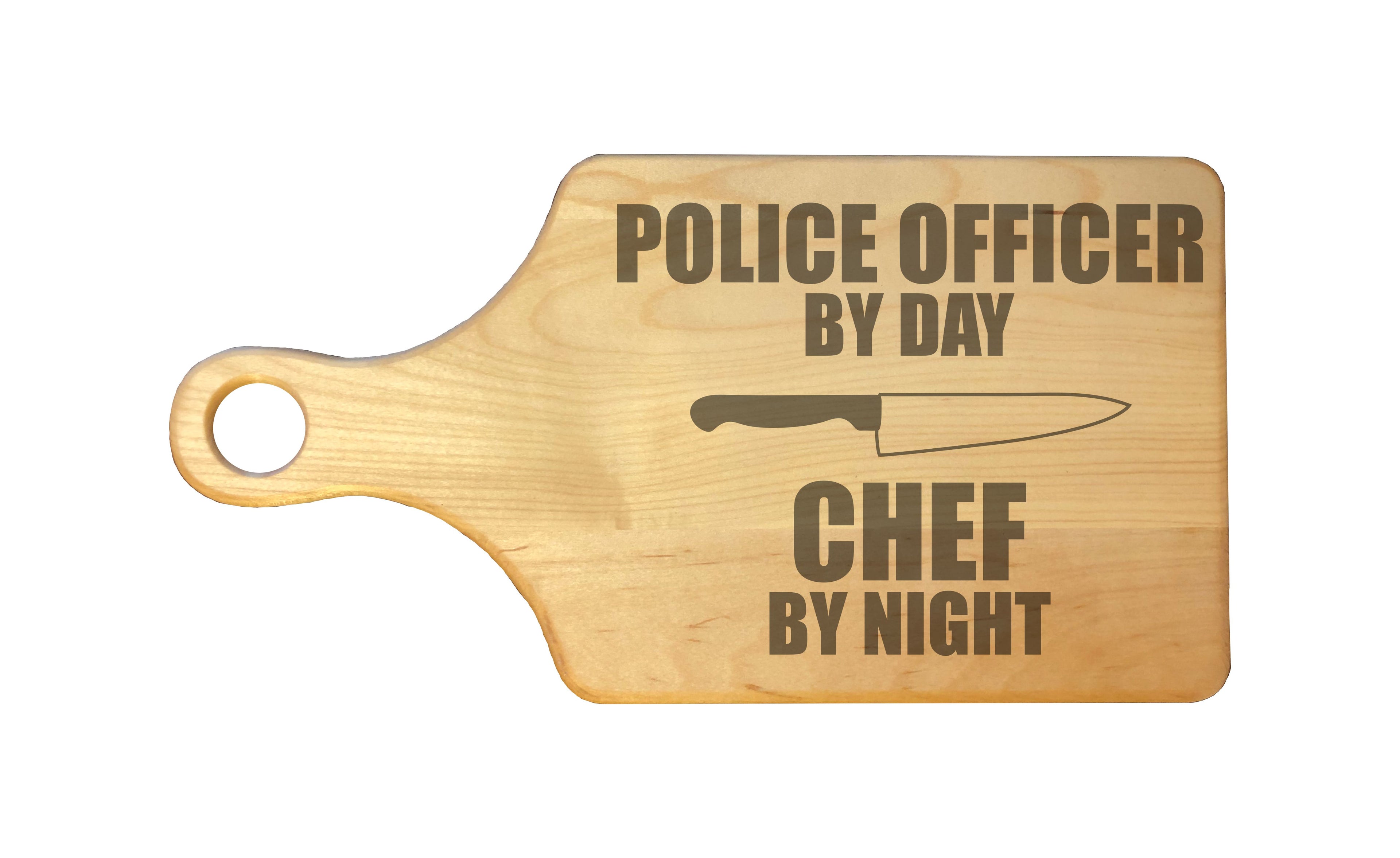 Police Officer by Day Chef by Night Engraved Natural Wood Cutting Boards, Bamboo or Maple, Police Gifts