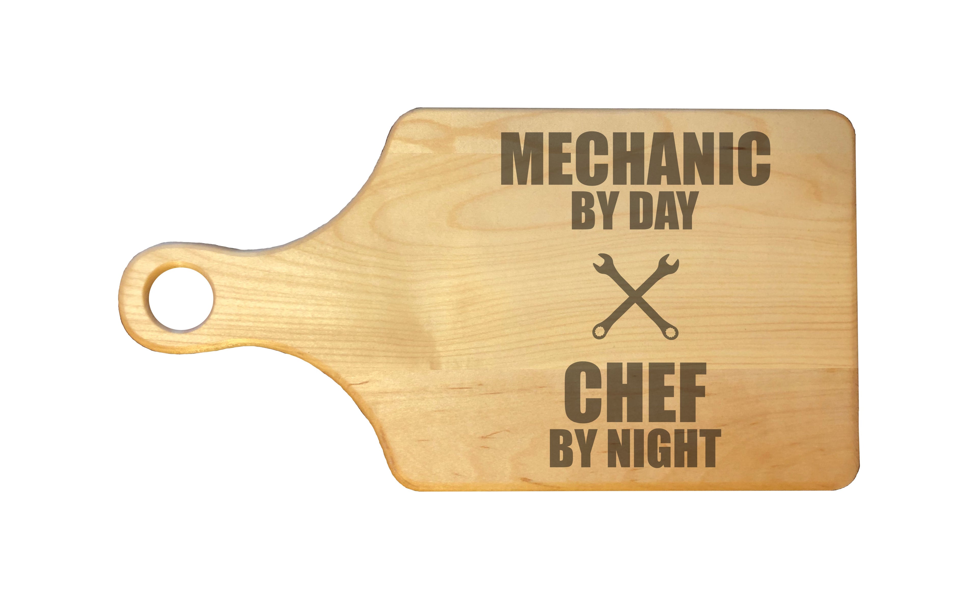 Mechanic by Day Chef by Night Engraved Natural Wood Cutting Boards, Bamboo or Maple, Mechanic Gifts
