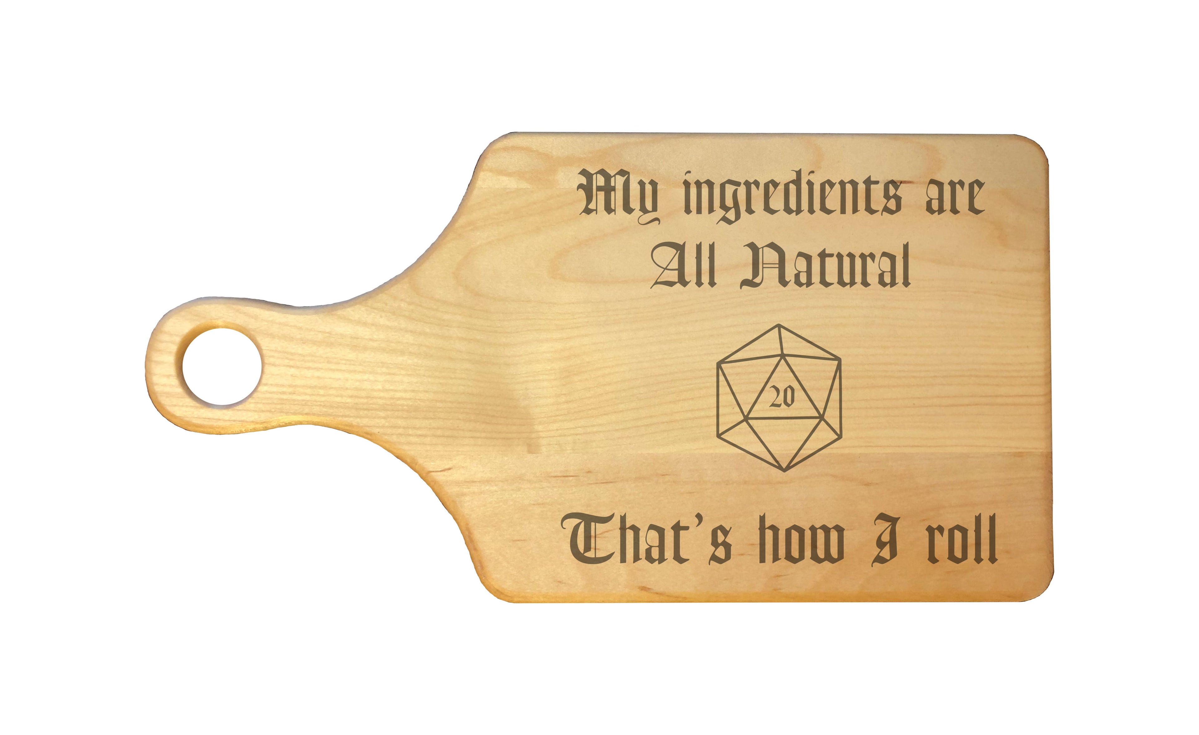 DND Ingredients are All Natural D20 Engraved Natural Wood Cutting Boards, Bamboo or Maple, Funny Dungeons Dragons Gifts