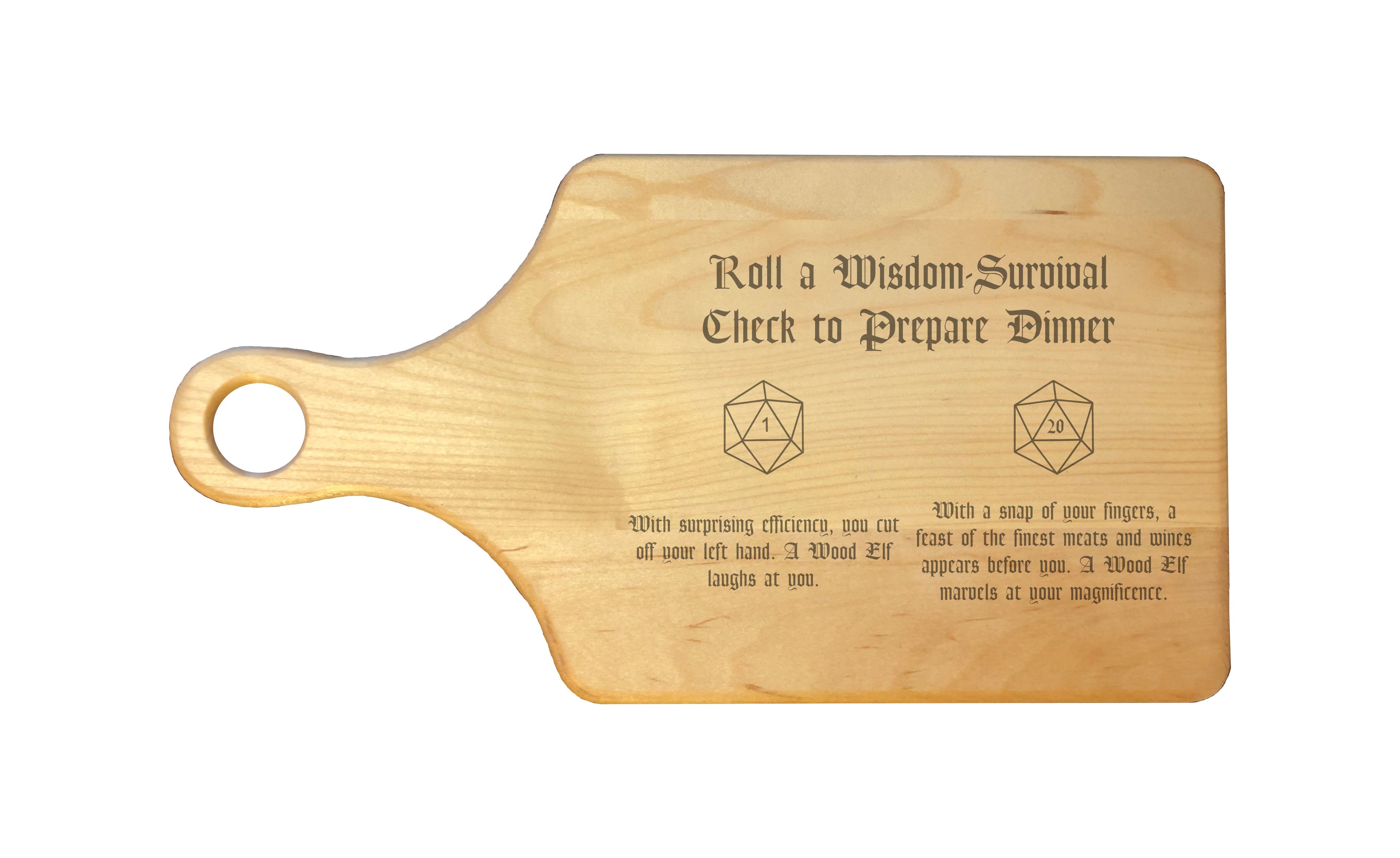 DND Wisdom Check Rolls Funny D20 Outcomes Natural Wood Cutting Boards, Bamboo or Maple, Dungeons Dragons Gifts
