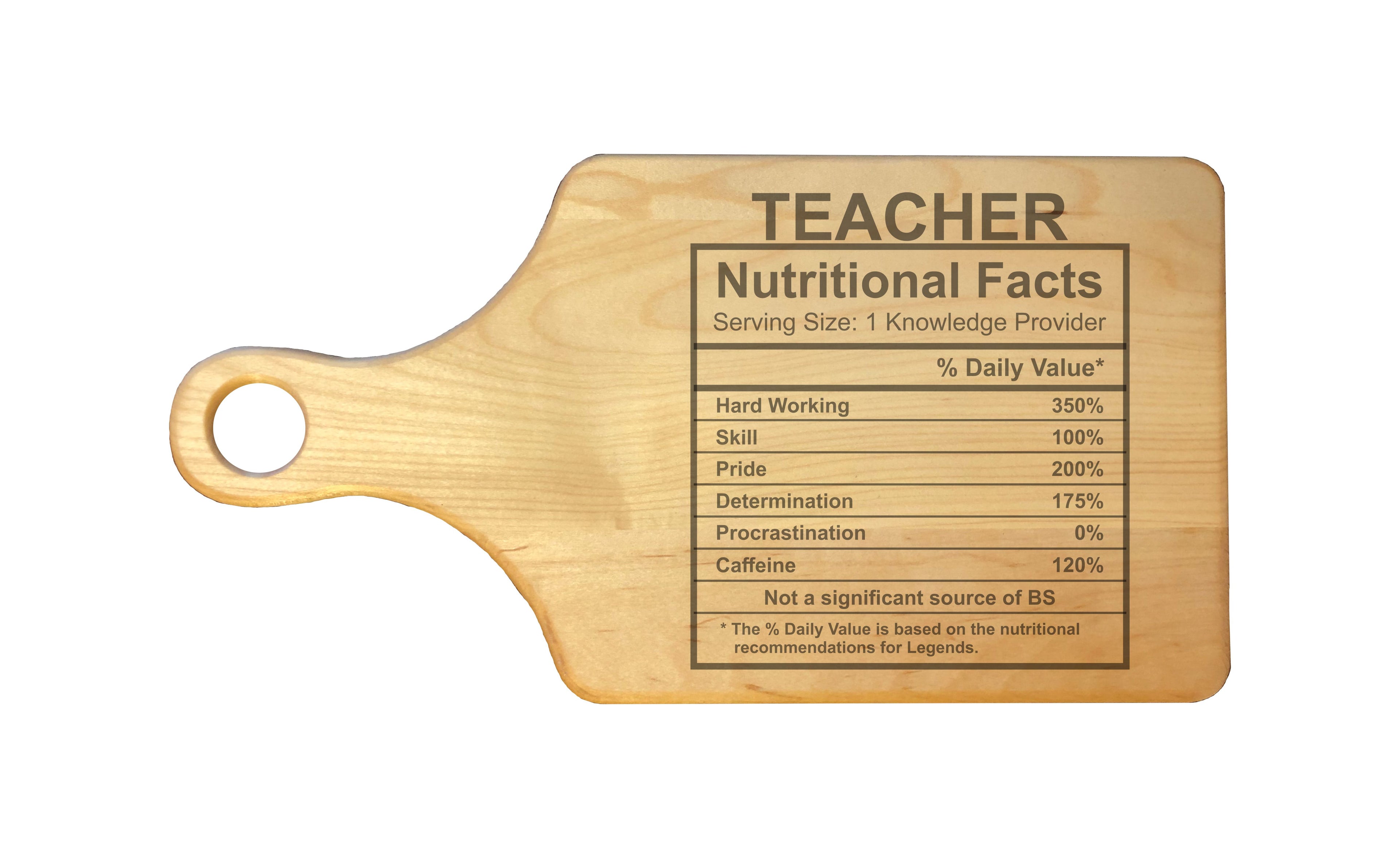 Teacher Nutritional Facts Engraved Natural Wood Cutting Boards, Bamboo or Maple, Funny Cooking Gift