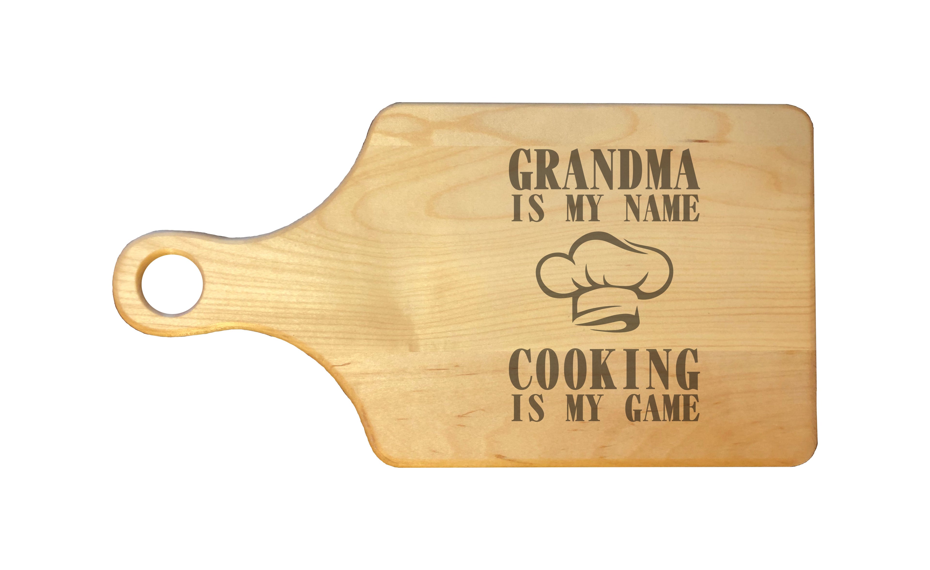 Grandma My Name Cooking My Game Engraved Natural Wood Cutting Boards, Bamboo or Maple, Grandma Gift
