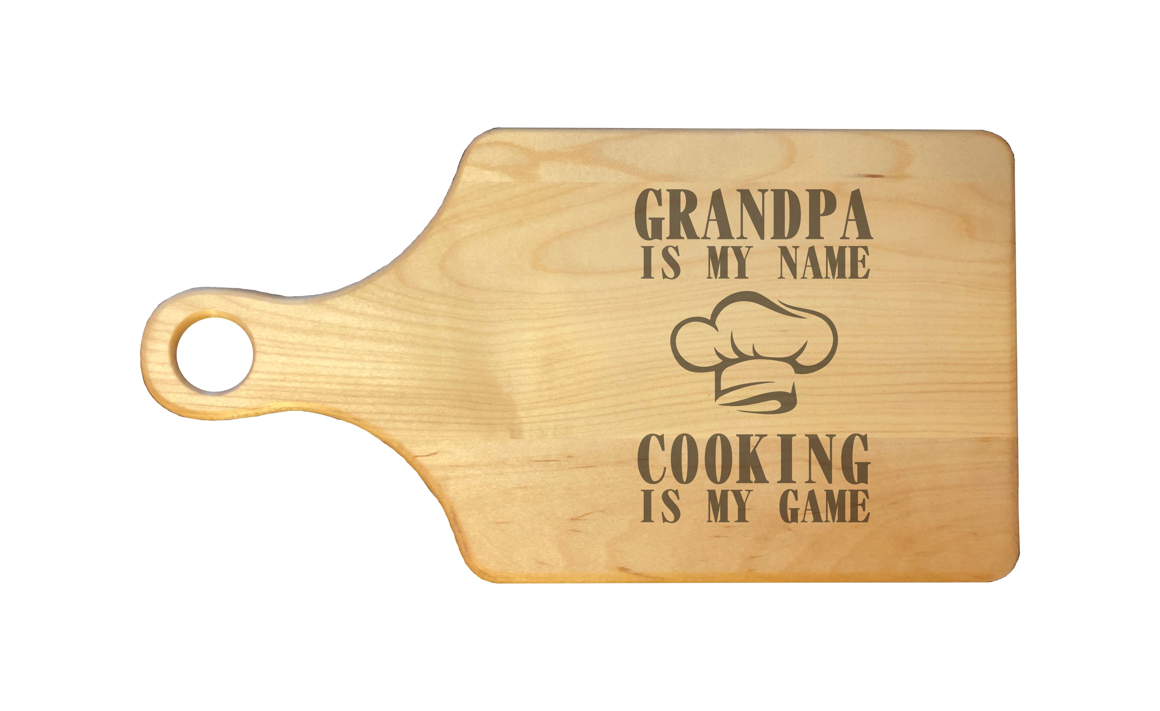 Grandpa My Name Cooking My Game Engraved Natural Wood Cutting Boards, Bamboo or Maple, Grandpa Gift