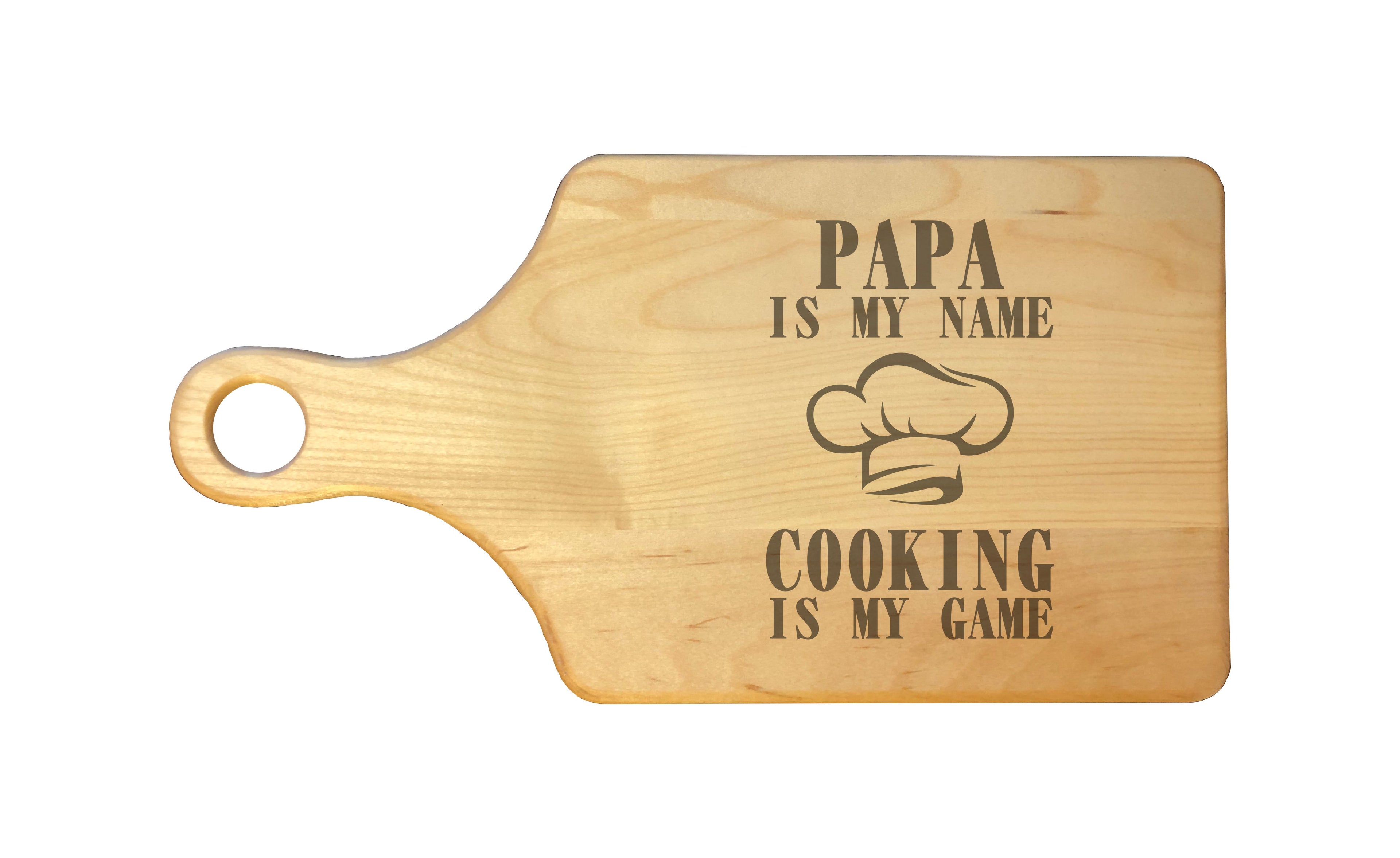 Papa My Name Cooking My Game Engraved Natural Wood Cutting Boards, Bamboo or Maple, Papa Gift