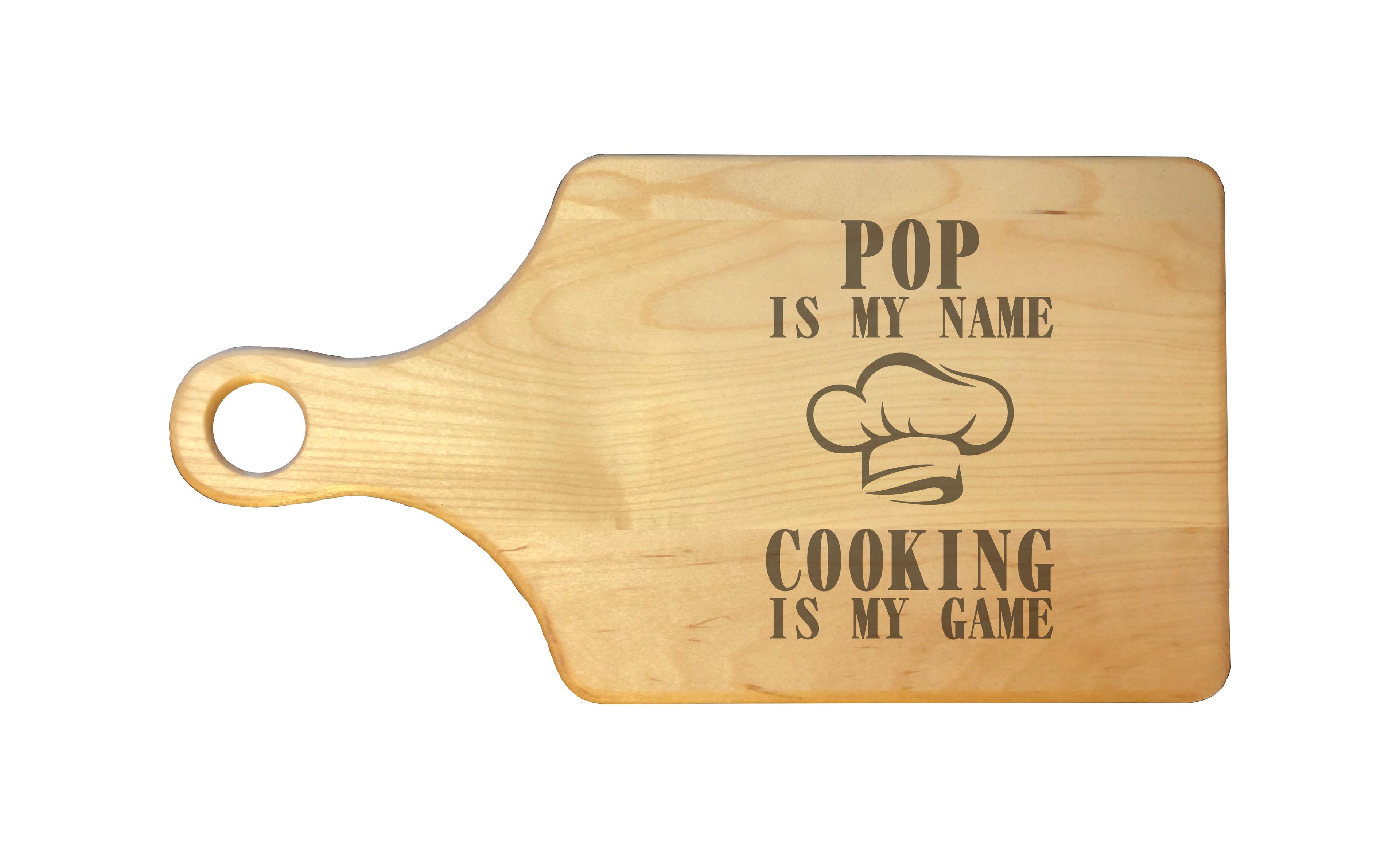 Pop My Name Cooking My Game Engraved Natural Wood Cutting Boards, Bamboo or Maple, Pop Gift