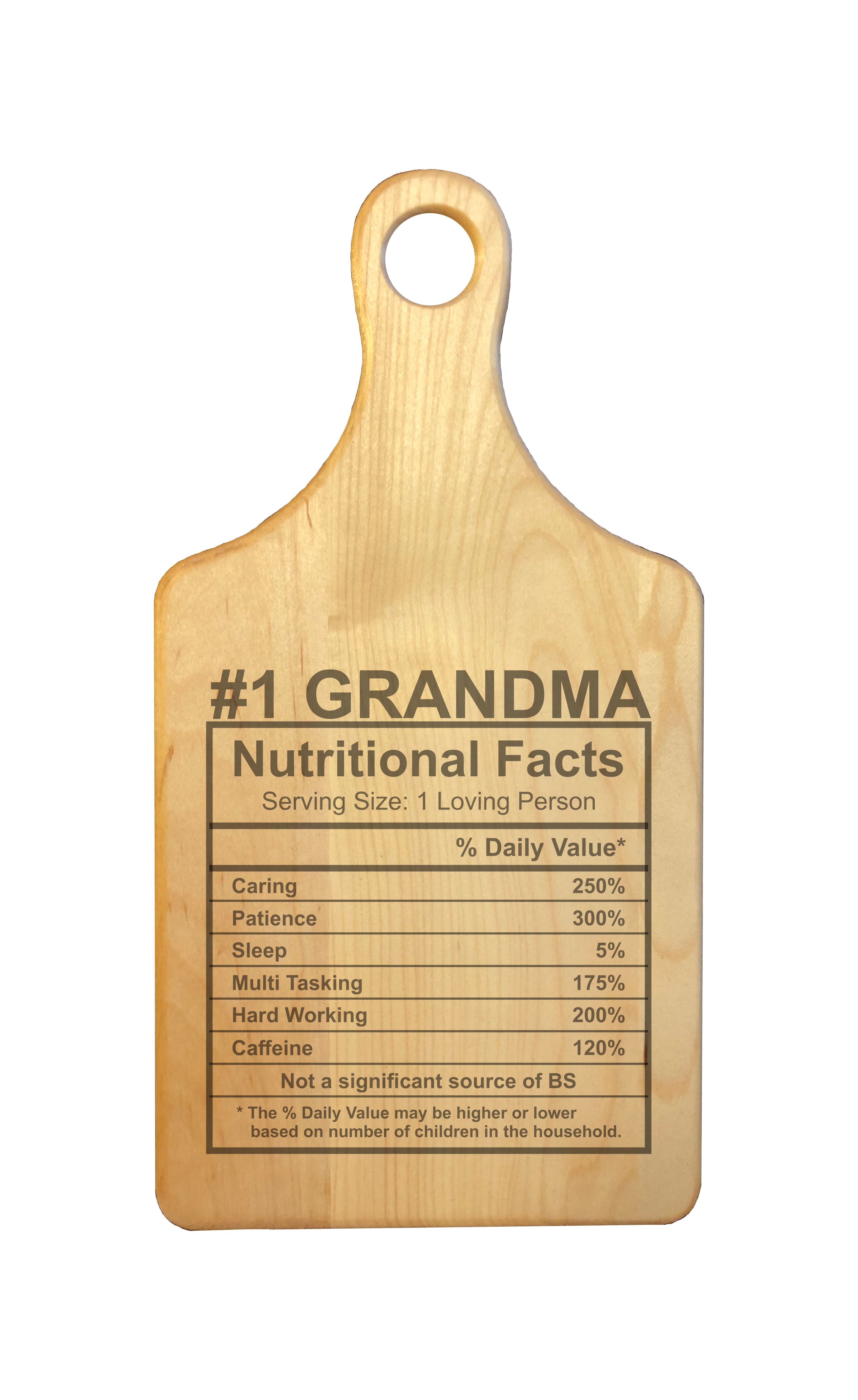 Number 1 Grandma Nutritional Facts Engraved Natural Wood Cutting Boards, Bamboo or Maple, Grandma Gift
