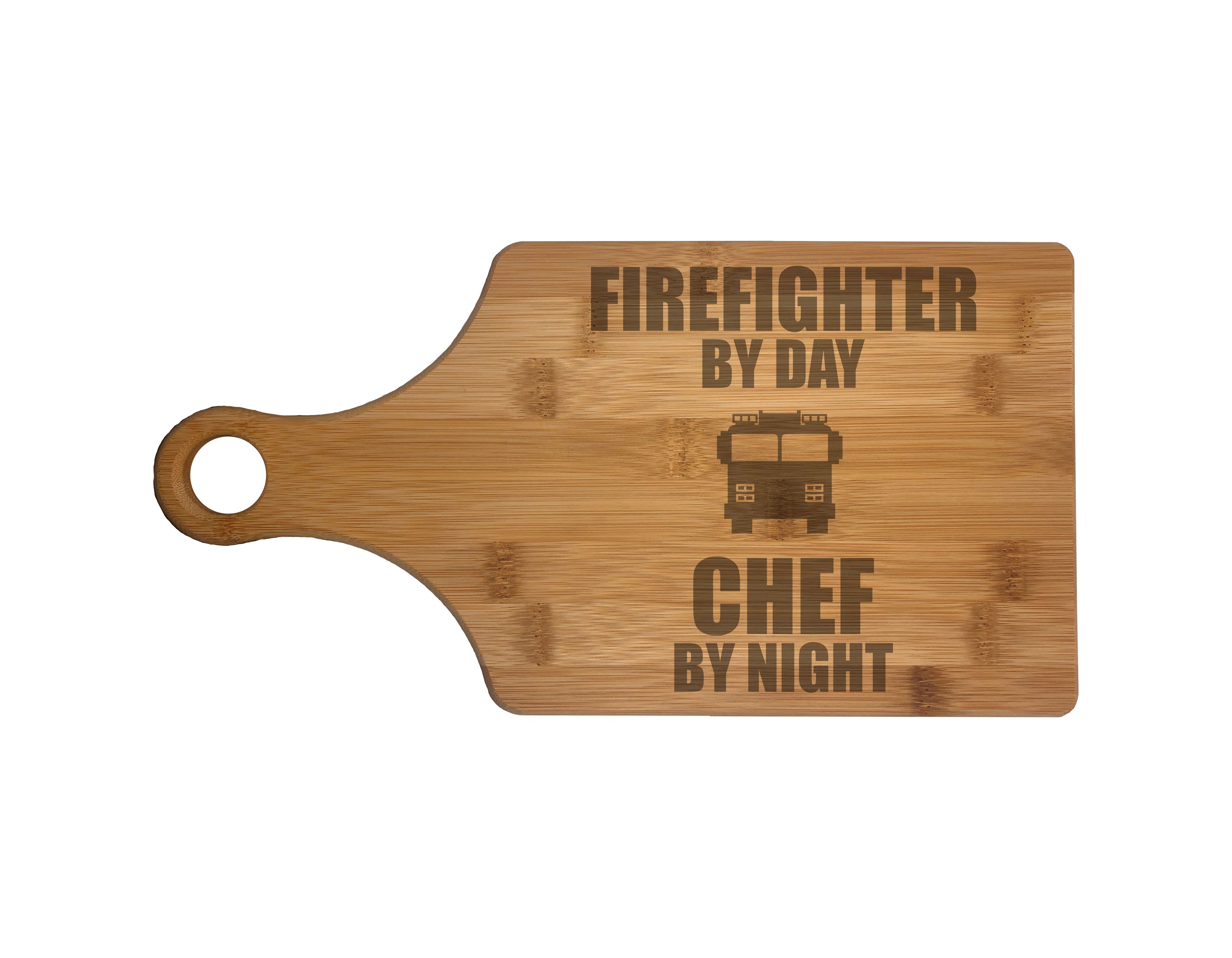 Firefighter by Day Chef by Night Engraved Natural Wood Cutting Boards, Bamboo or Maple, Firefighter Gifts