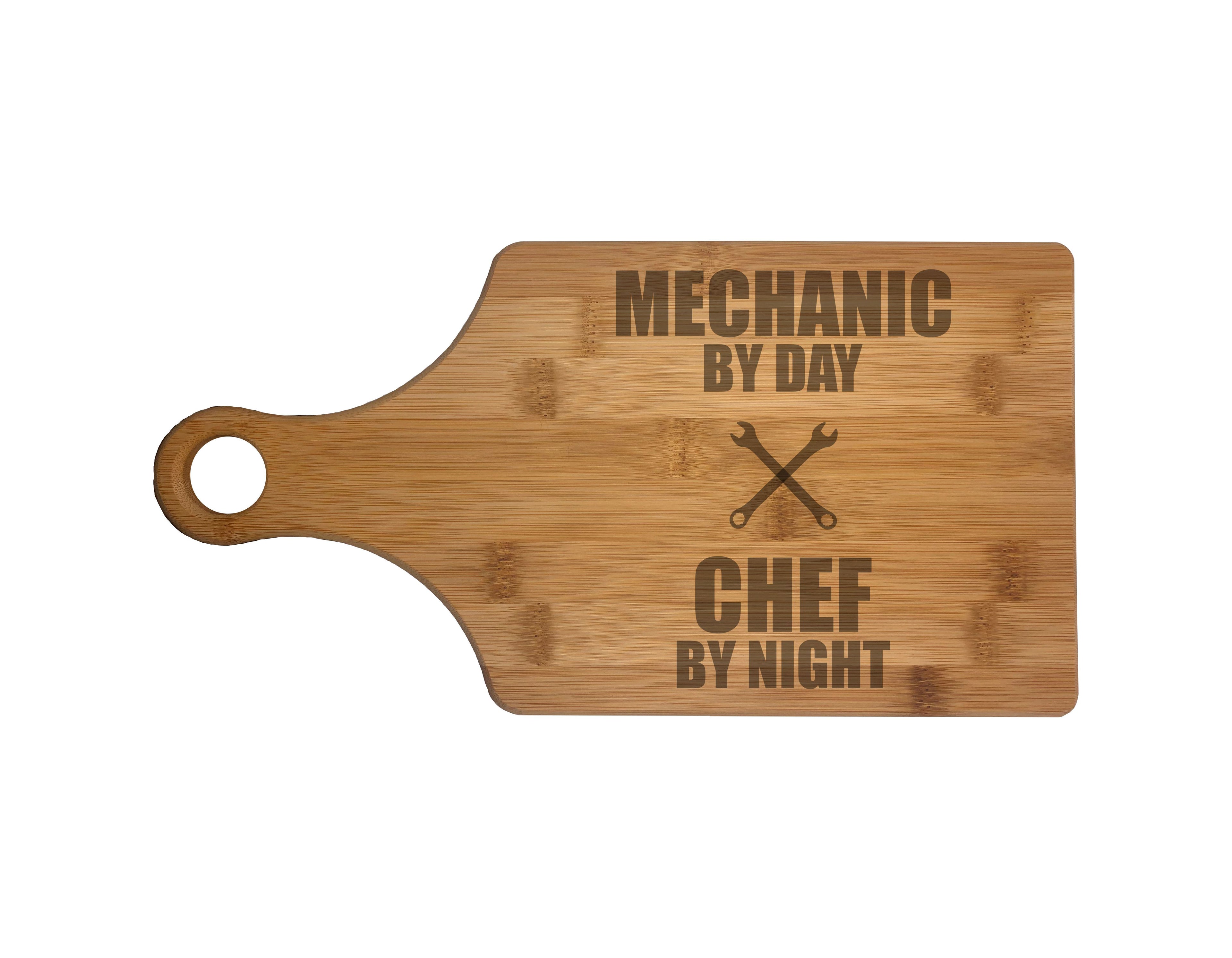 Mechanic by Day Chef by Night Engraved Natural Wood Cutting Boards, Bamboo or Maple, Mechanic Gifts