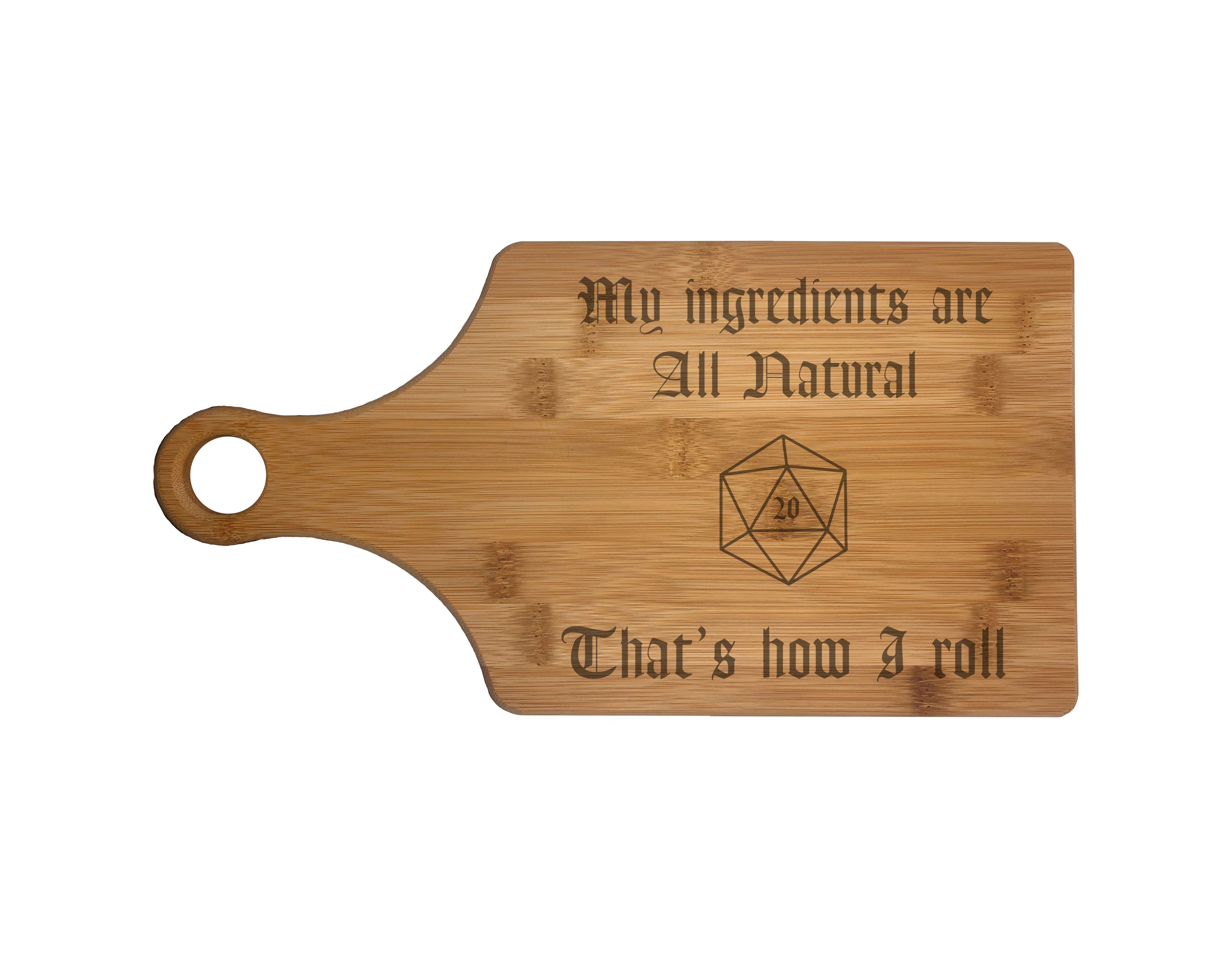 DND Ingredients are All Natural D20 Engraved Natural Wood Cutting Boards, Bamboo or Maple, Funny Dungeons Dragons Gifts