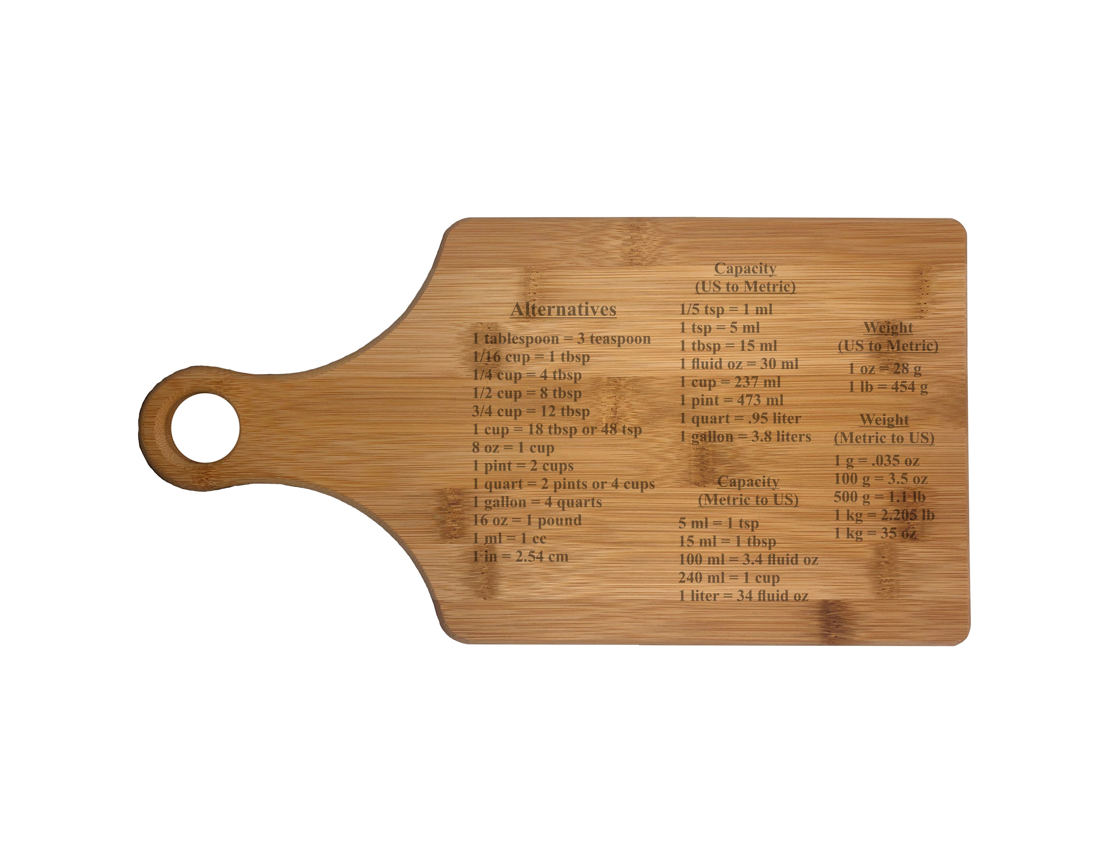 Cooking Measurement Conversions Engraved Natural Wood Cutting Boards, Bamboo or Maple, Cooking Gifts