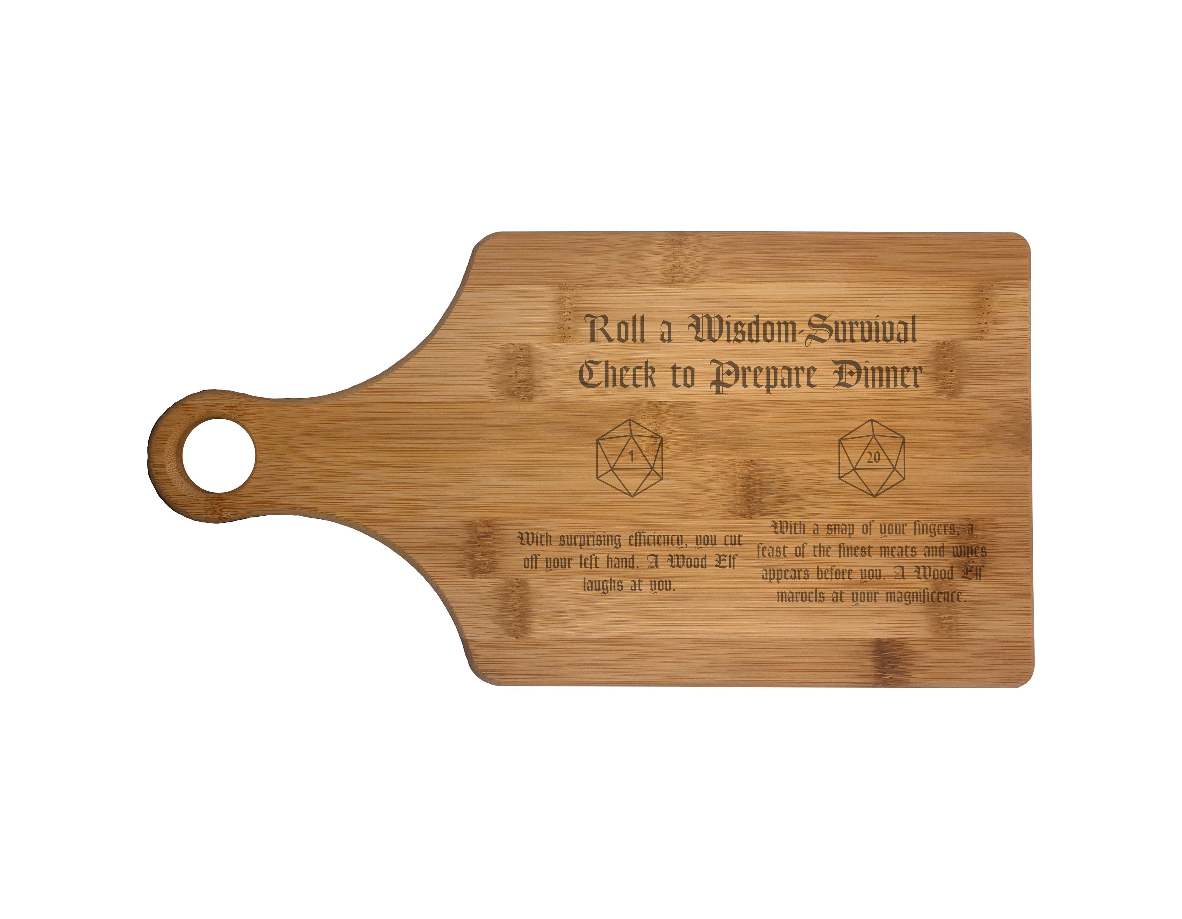 DND Wisdom Check Rolls Funny D20 Outcomes Natural Wood Cutting Boards, Bamboo or Maple, Dungeons Dragons Gifts