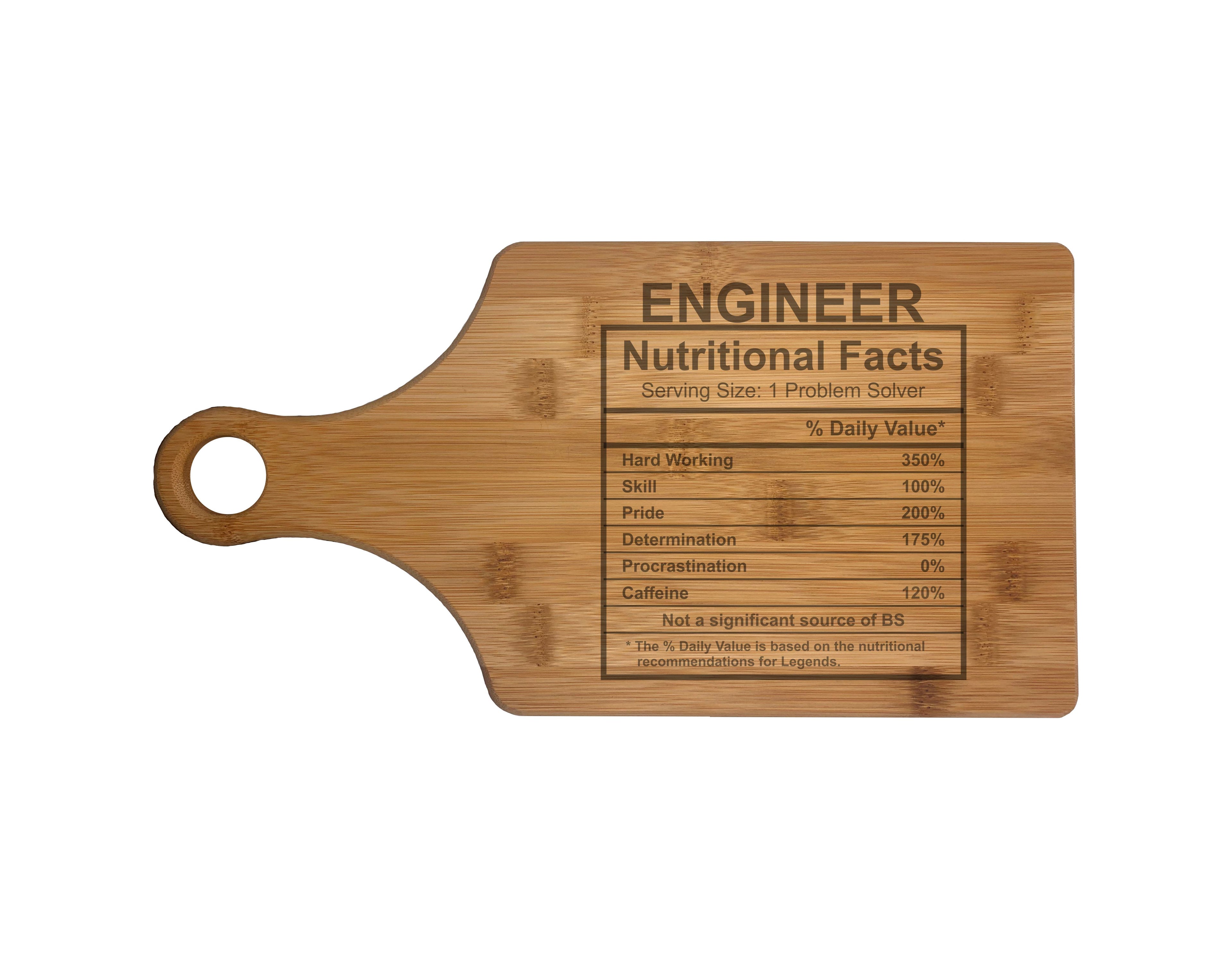 Engineer Nutritional Facts Engraved Natural Wood Cutting Boards, Bamboo or Maple, Funny Cooking Gift