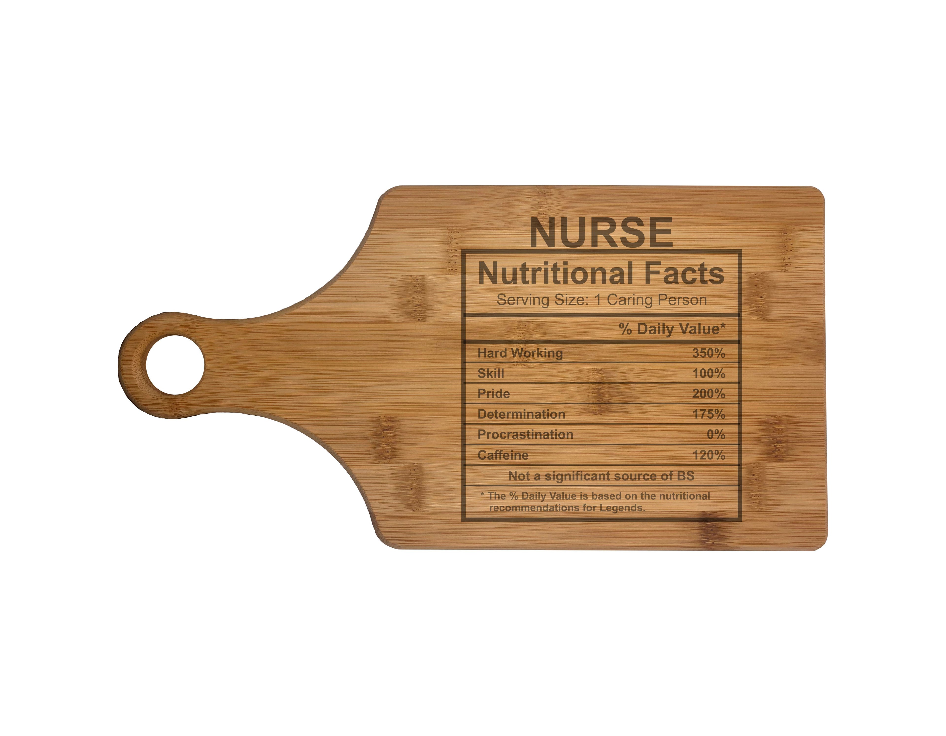 Nurse Nutritional Facts Engraved Natural Wood Cutting Boards, Bamboo or Maple, Funny Cooking Gift