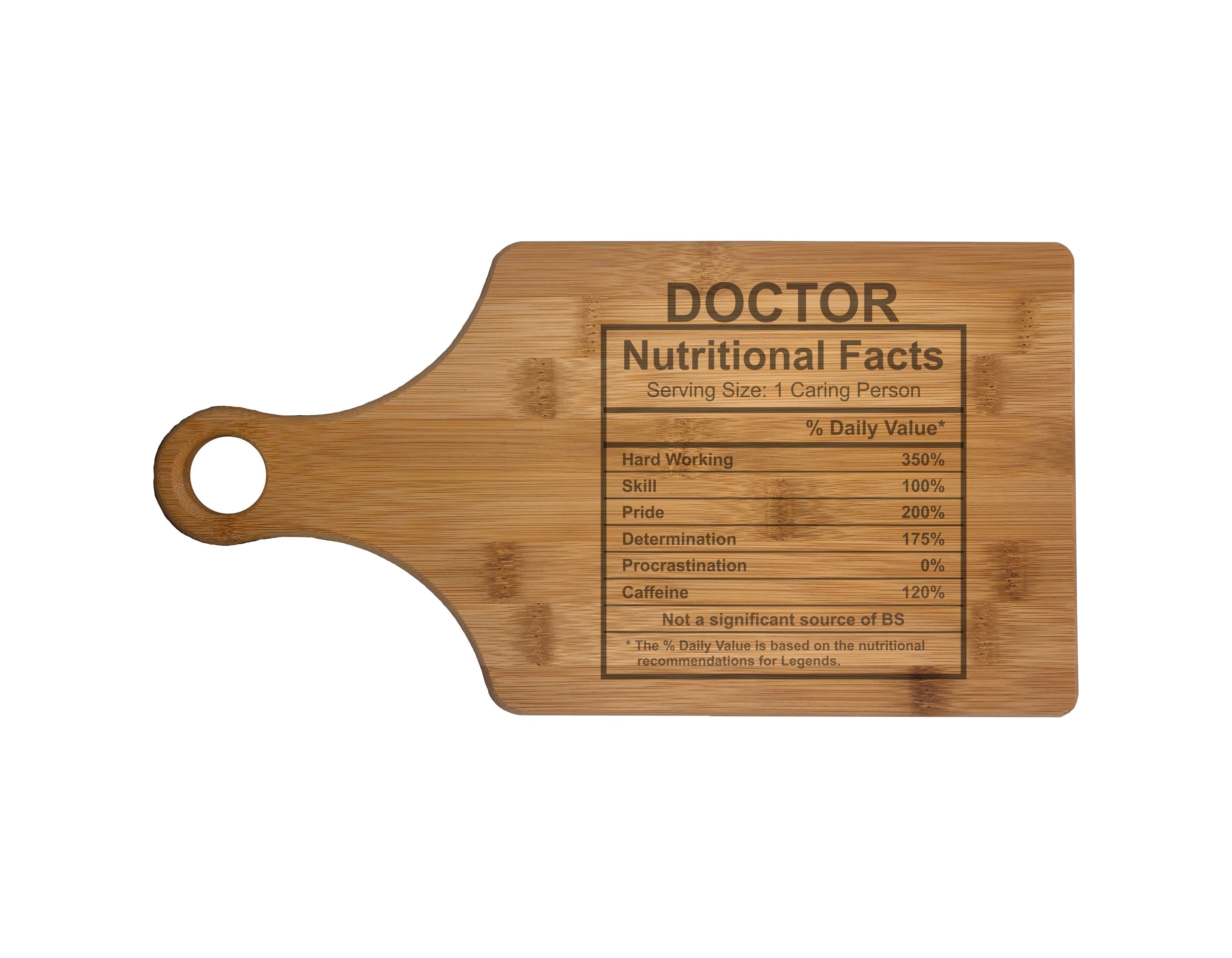 Doctor Nutritional Facts Engraved Natural Wood Cutting Boards, Bamboo or Maple, Funny Cooking Gift
