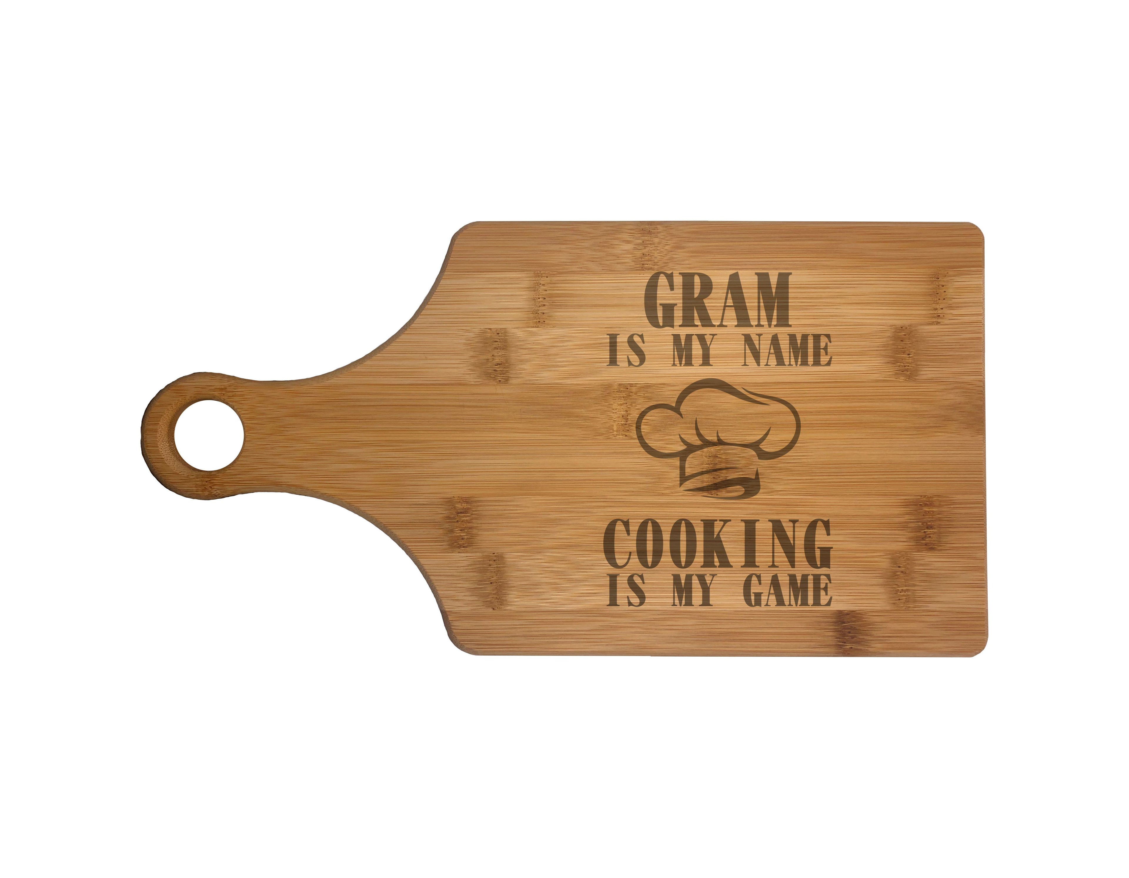 Gram My Name Cooking My Game Engraved Natural Wood Cutting Boards, Bamboo or Maple, Gram Gift