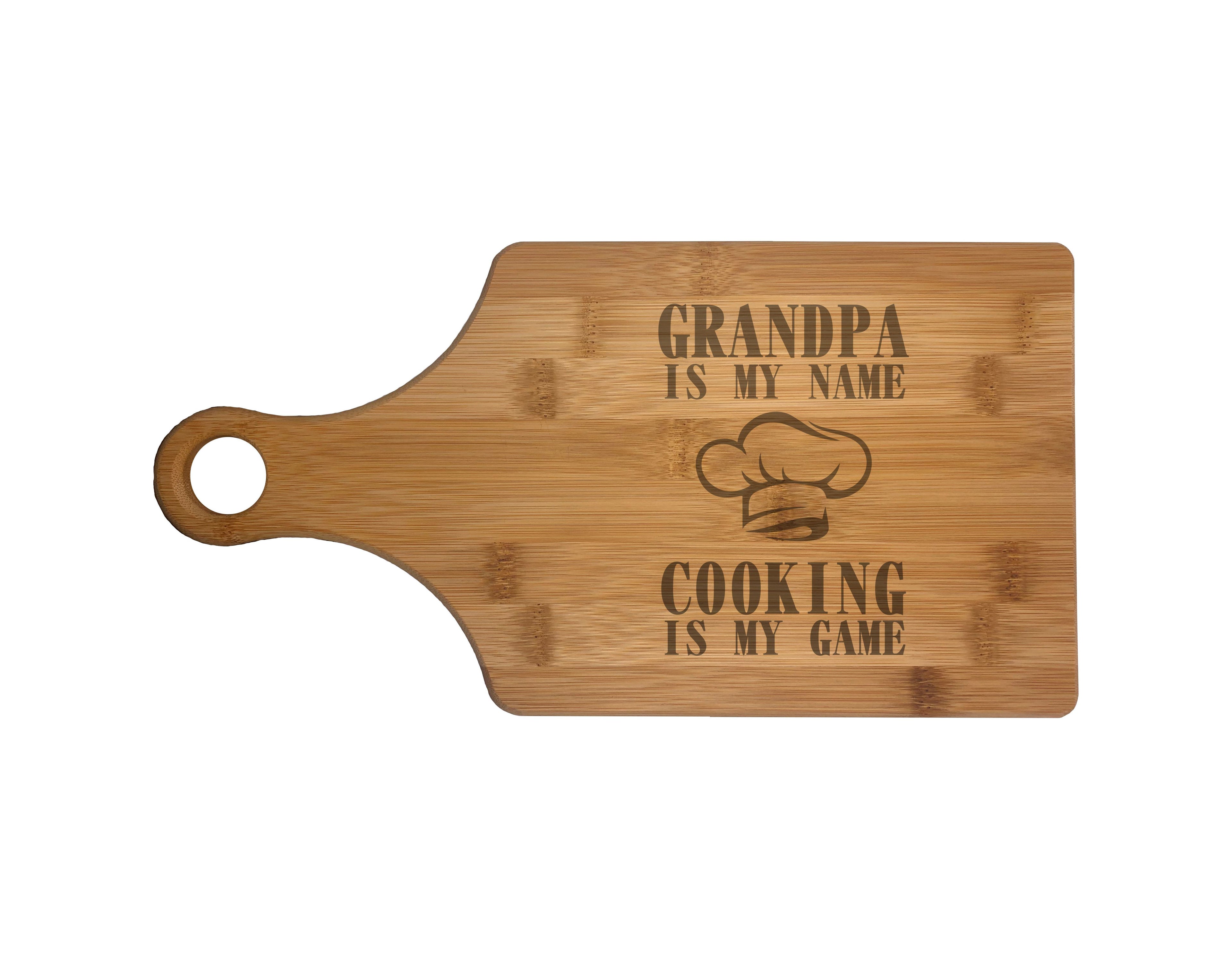 Grandpa My Name Cooking My Game Engraved Natural Wood Cutting Boards, Bamboo or Maple, Grandpa Gift