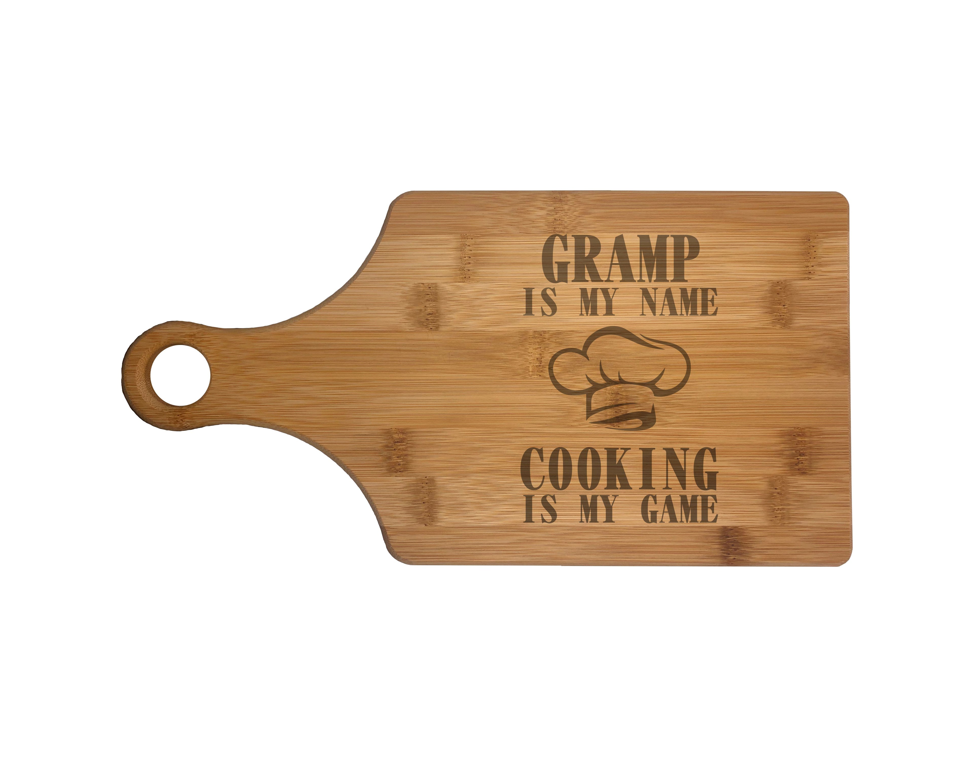 Gramp My Name Cooking My Game Engraved Natural Wood Cutting Boards, Bamboo or Maple, Gramp Gift