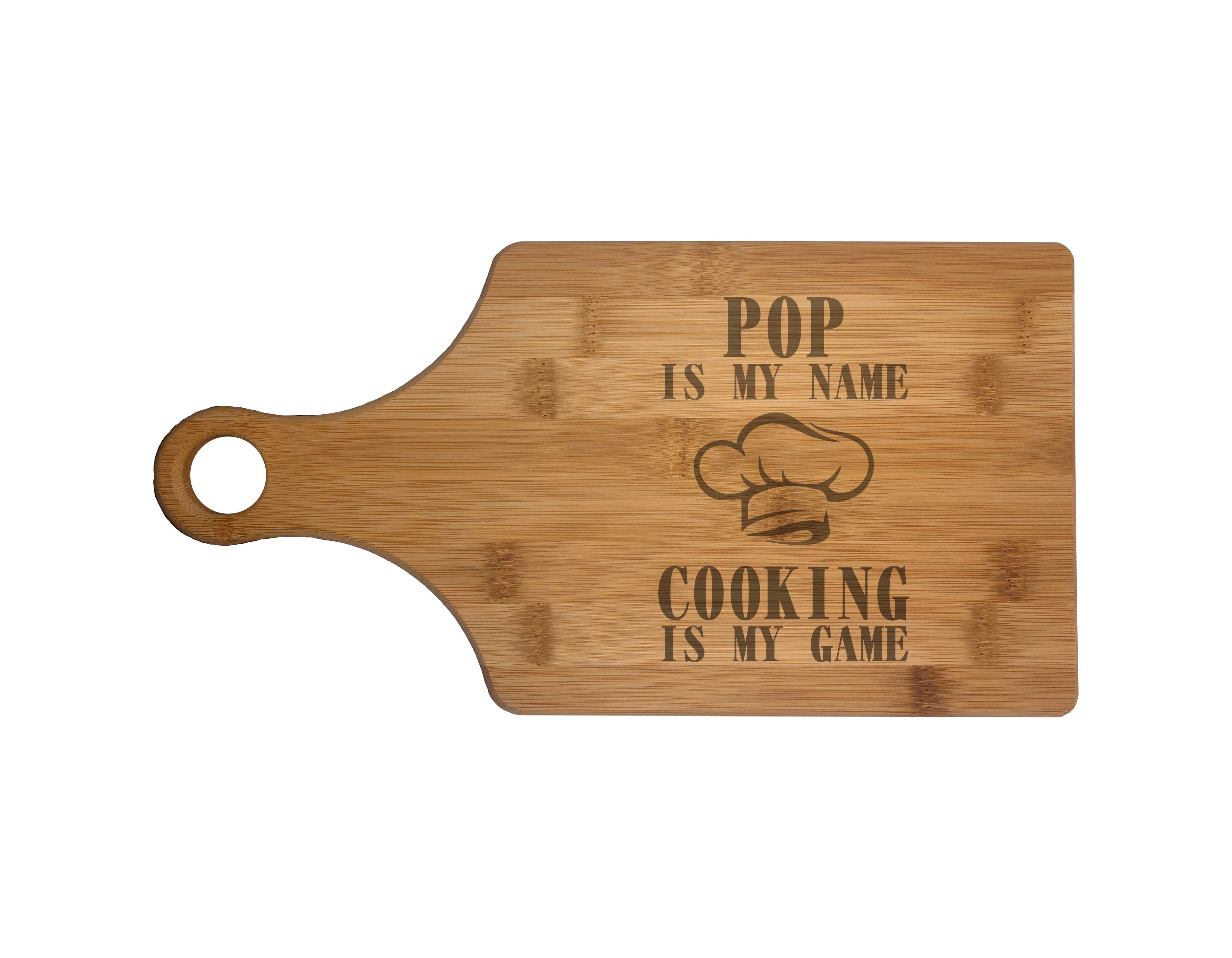Pop My Name Cooking My Game Engraved Natural Wood Cutting Boards, Bamboo or Maple, Pop Gift
