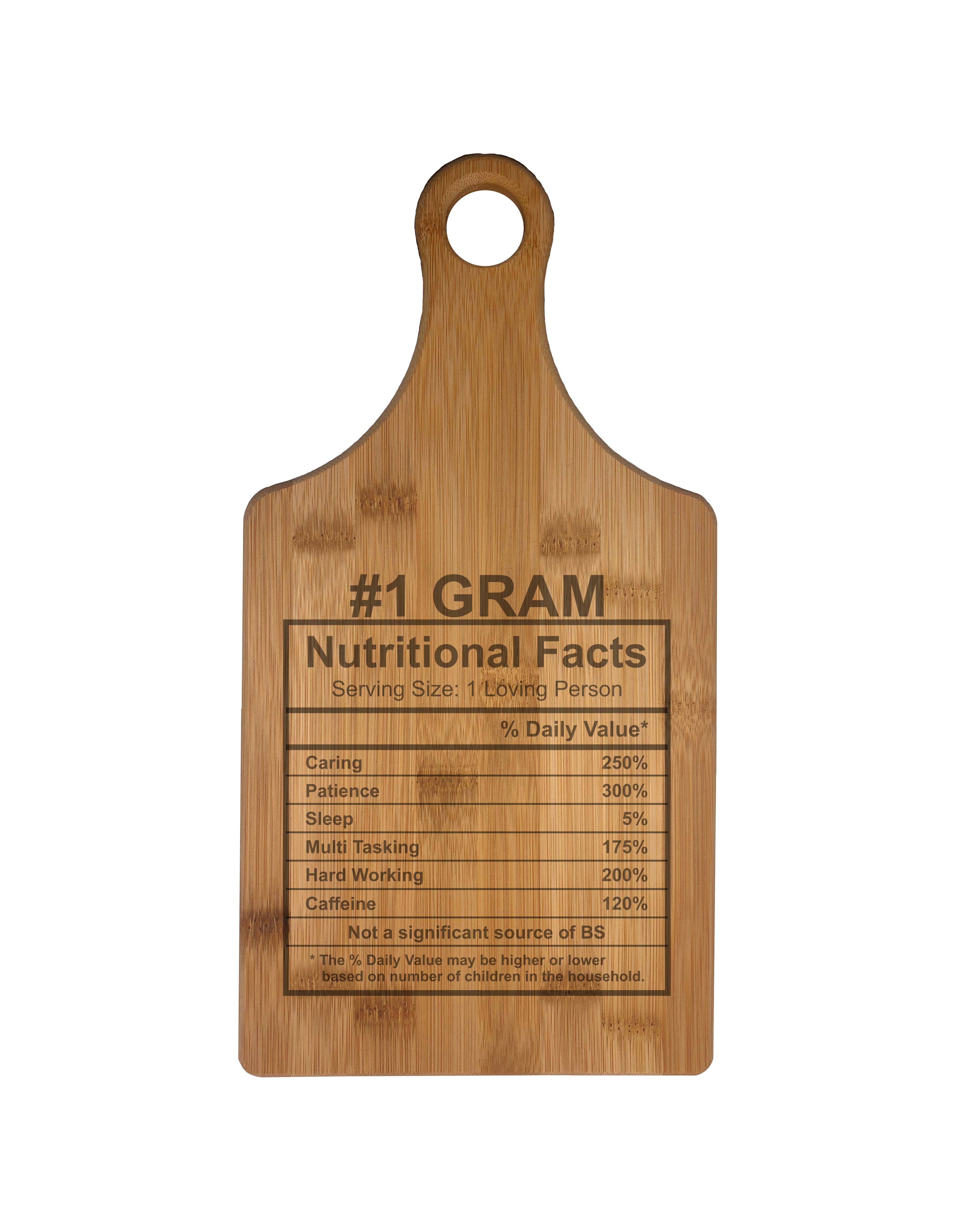 Number 1 Gram Nutritional Facts Engraved Natural Wood Cutting Boards, Bamboo or Maple, Gram Gift