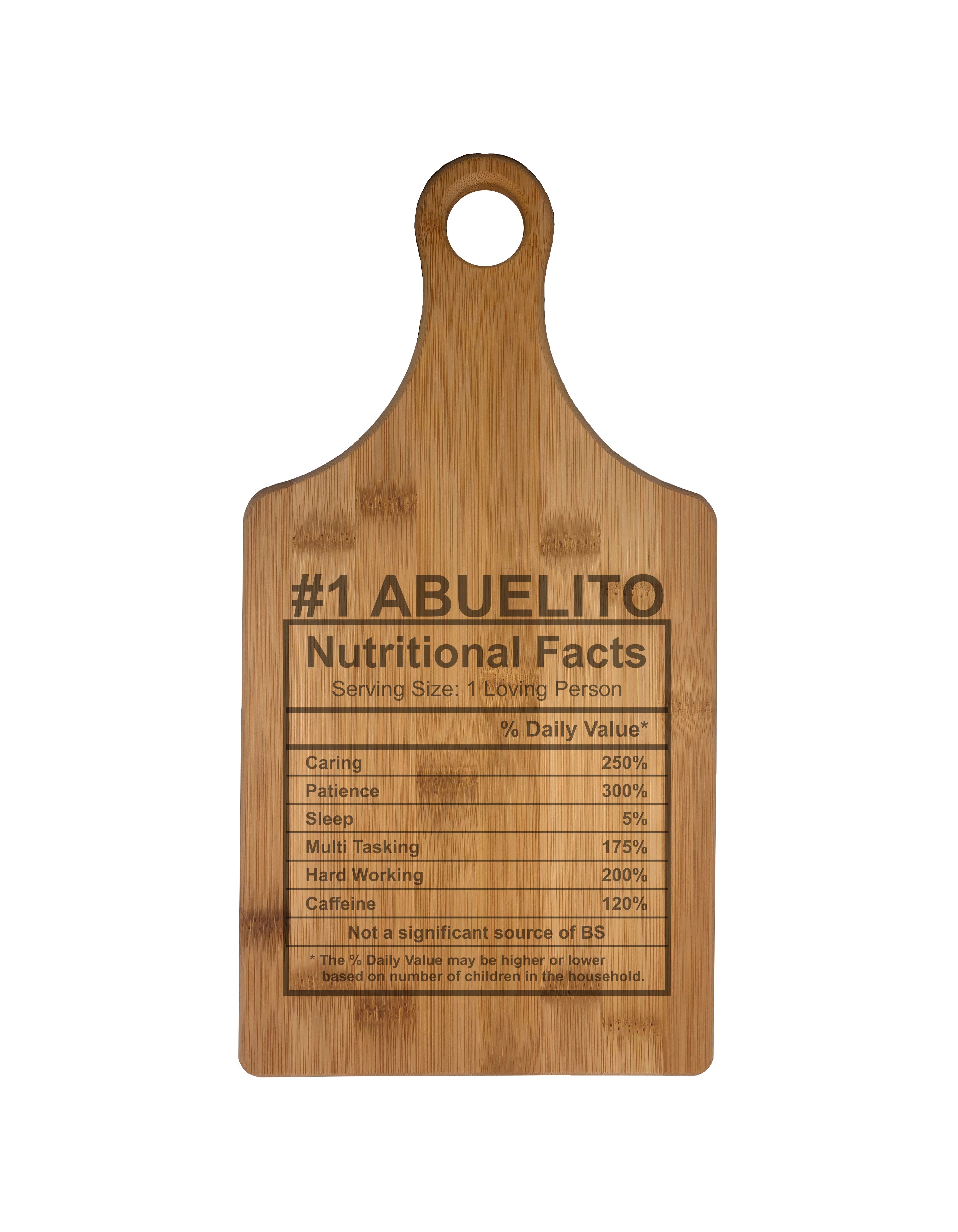Number 1 Abuelito Nutritional Facts Engraved Natural Wood Cutting Boards, Bamboo or Maple, Abuelito Gift