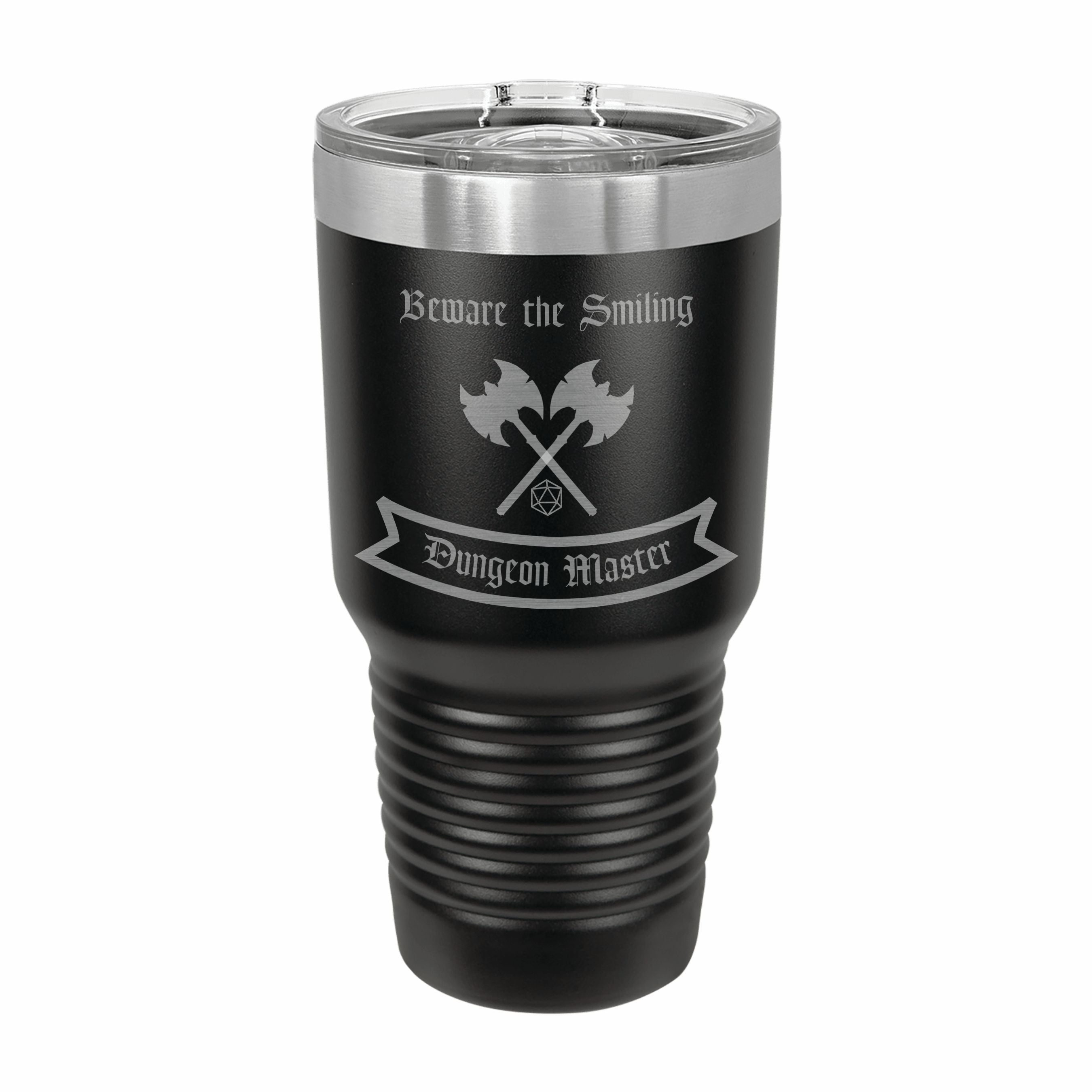 Beware the Smiling Dungeon Master Engraved Stainless Steel Tumbler Travel Mug, DND Gifts