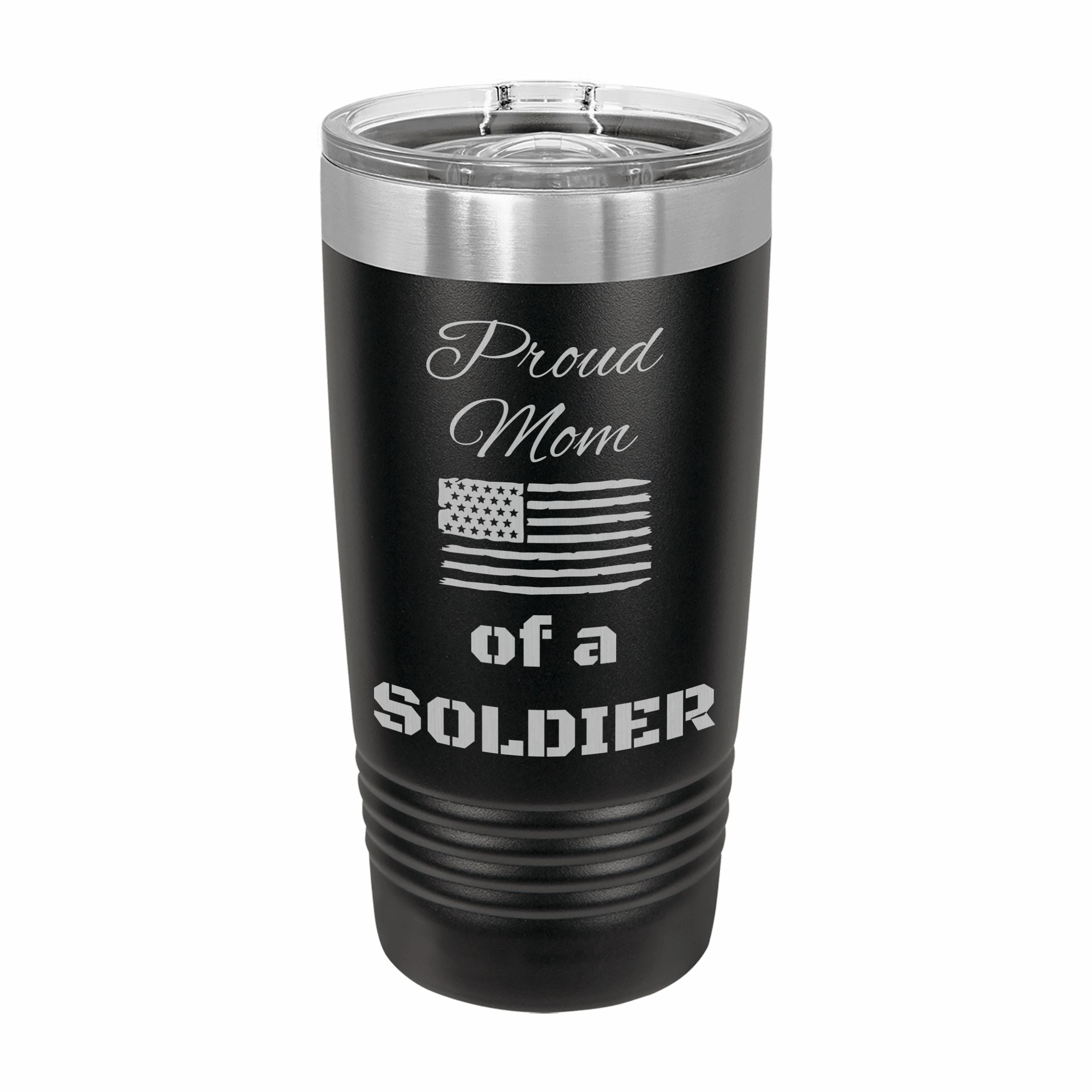 Proud Mom of a Soldier Engraved Stainless Steel Tumbler Travel Mug, Military Gift