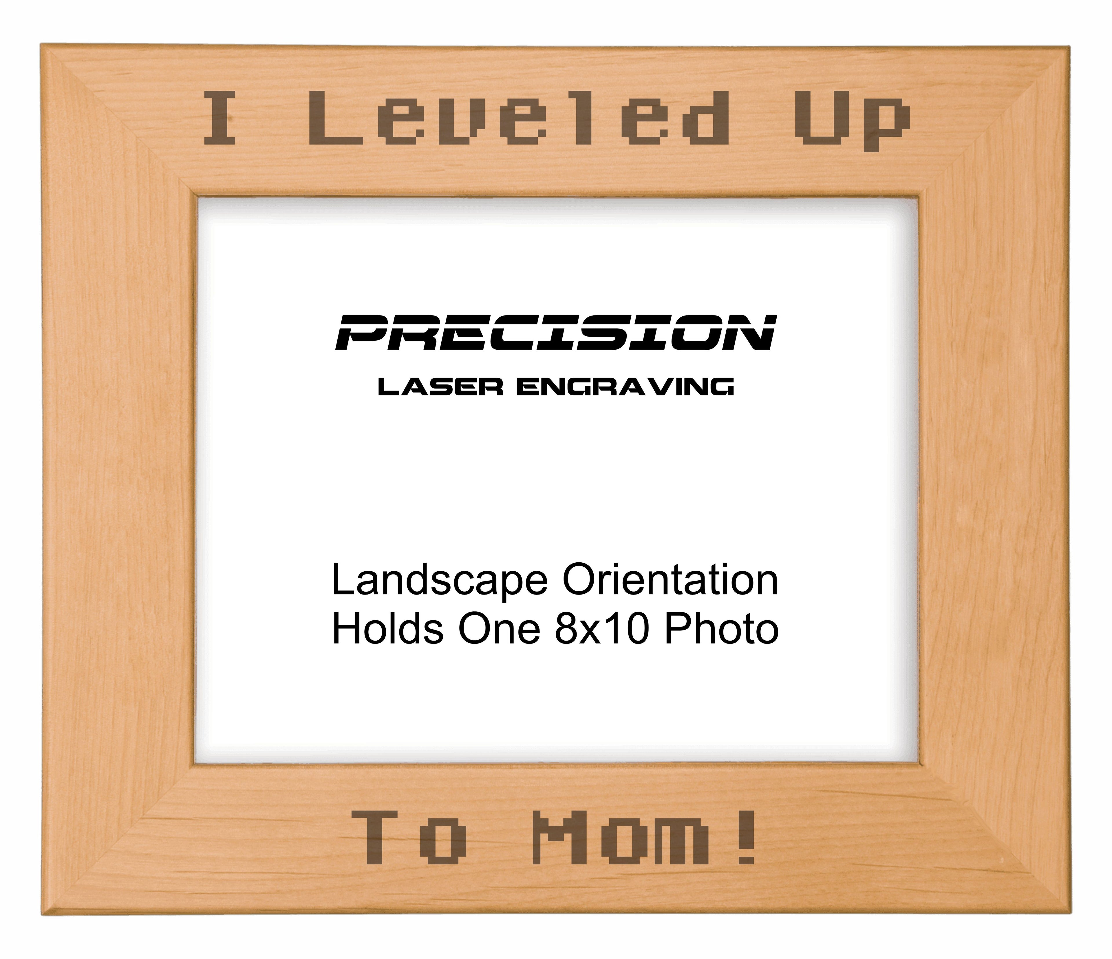 I leveled up to Mom Picture Frame, Engraved Natural Wood Photo Frame, 4x6 5x7 8x10, Gamer Gift