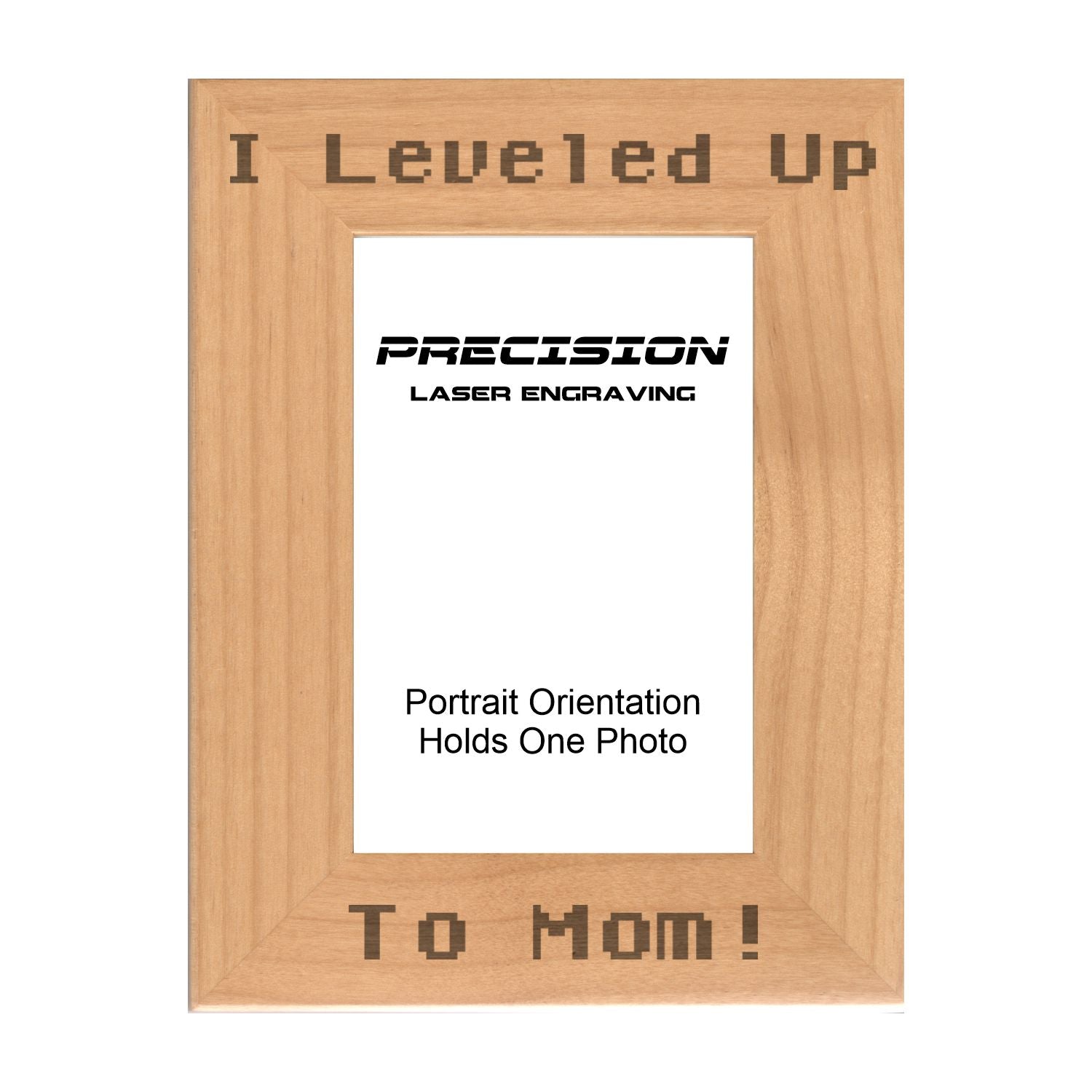 I leveled up to Mom Picture Frame, Engraved Natural Wood Photo Frame, 4x6 5x7 8x10, Gamer Gift