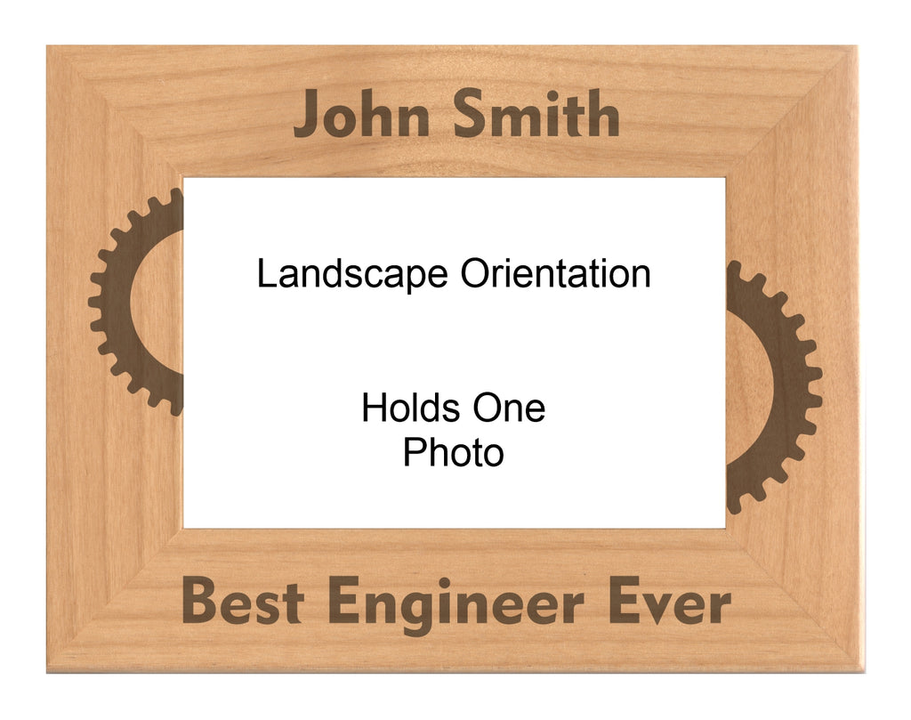 Personalized Best Engineer Ever Gears Engraved Picture Frame, Natural Wood Photo Frame with Your Custom Text, 4x6 5x7 8x10
