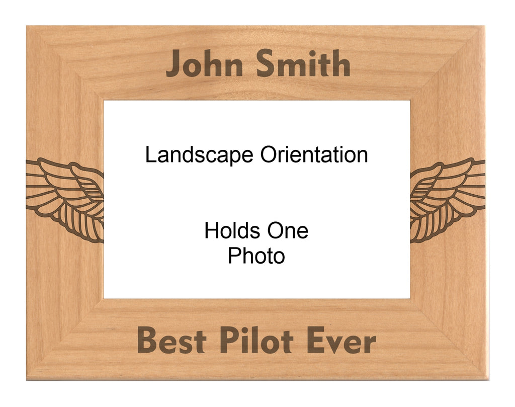 Personalized Best Pilot Ever Wings Engraved Picture Frame, Natural Wood Photo Frame with Your Custom Text, 4x6 5x7 8x10