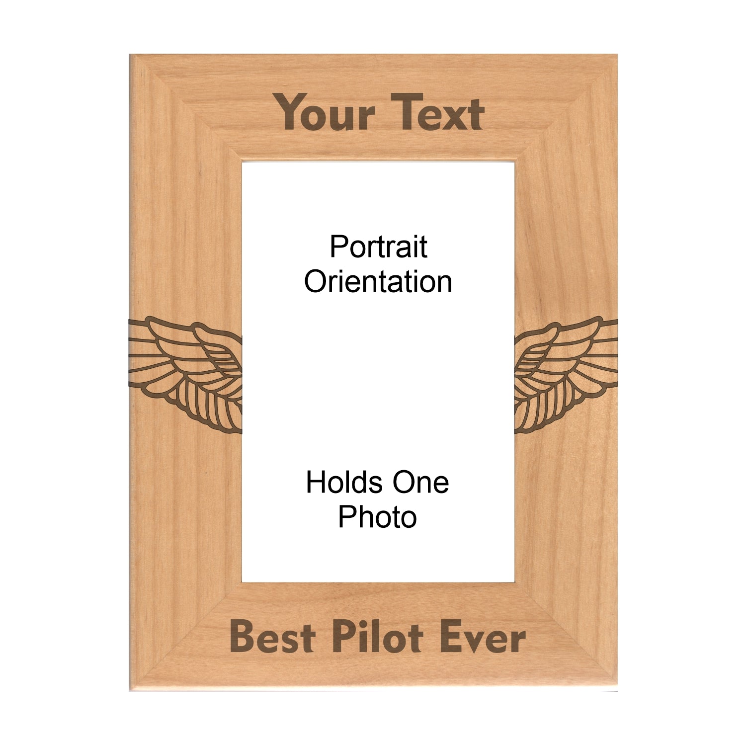 Personalized Best Pilot Ever Wings Engraved Picture Frame, Natural Wood Photo Frame with Your Custom Text, 4x6 5x7 8x10