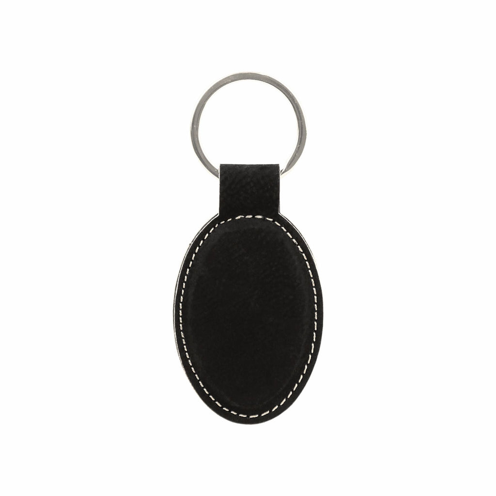 Black leather keychain with customizable text on a white background