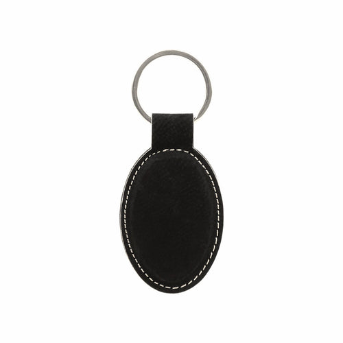 Black leather keychain with customizable text on a white background