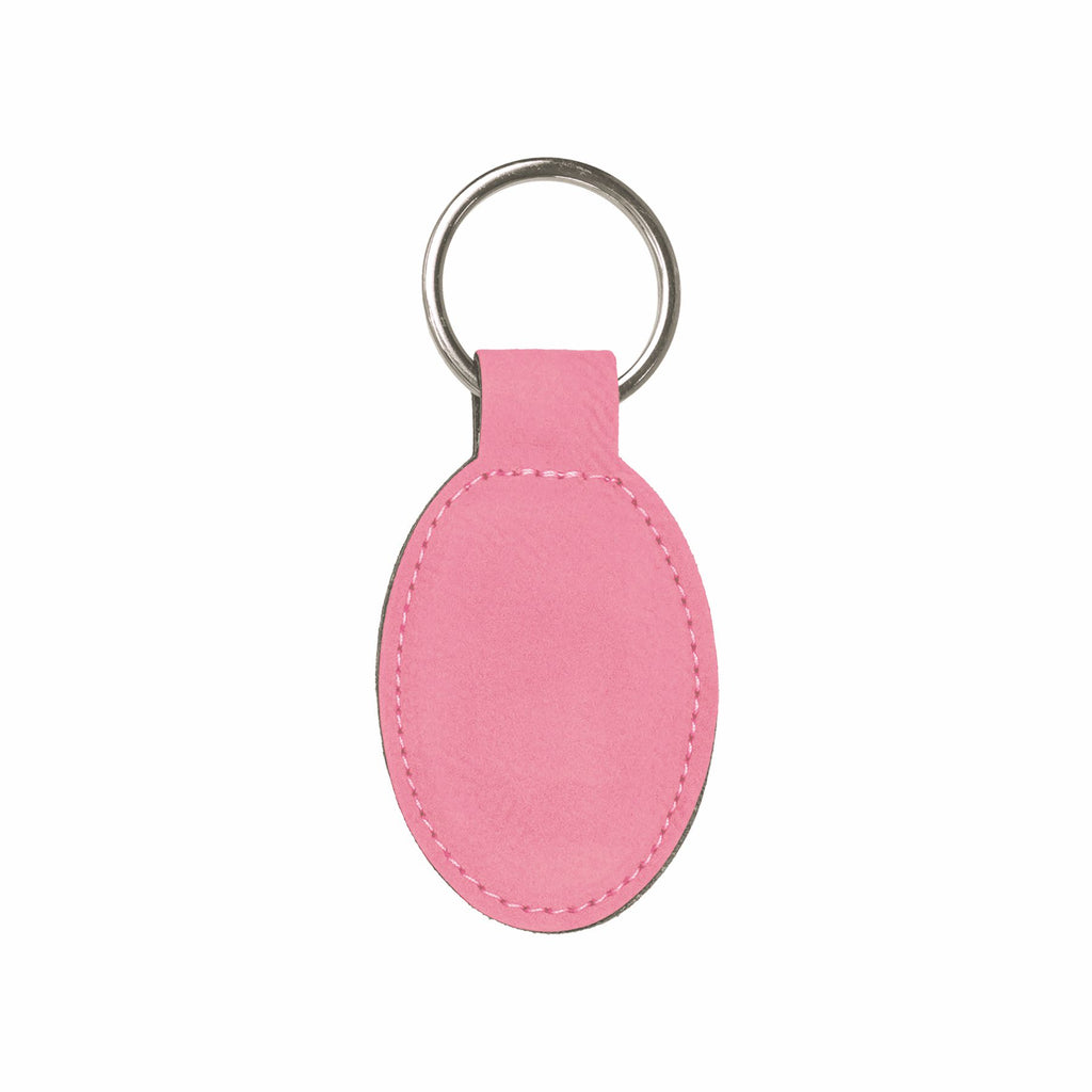 Pink oval keychain with a metal ring on a white background
